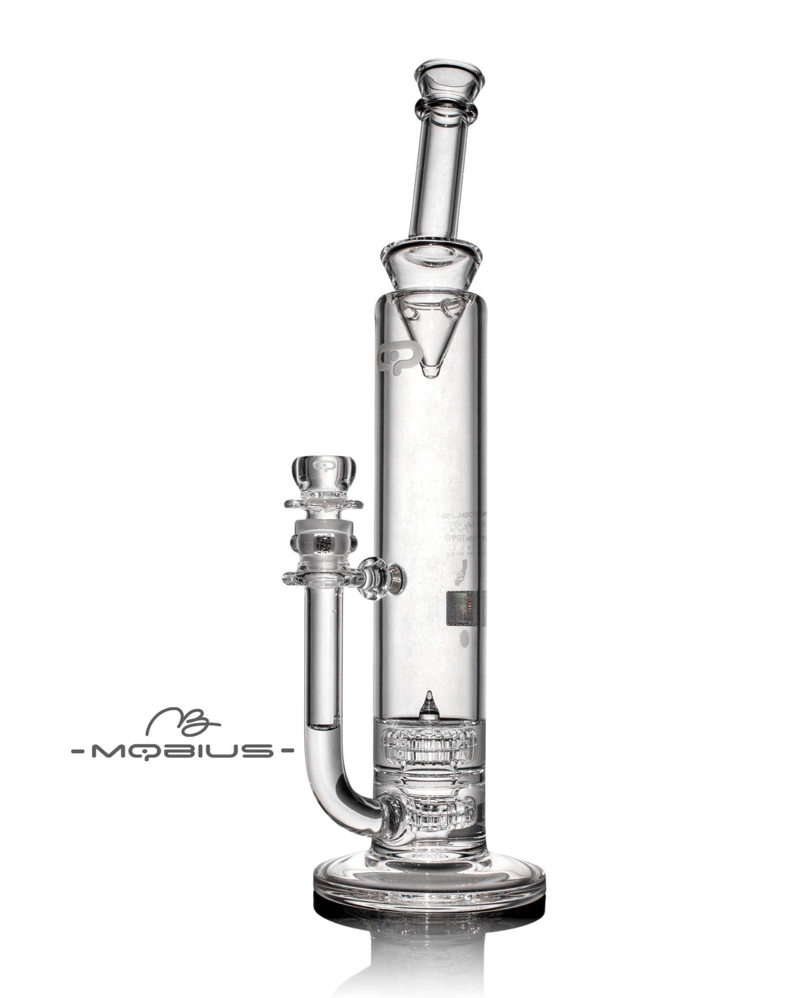 Clear Mobius 60T Tall Stereo Matrix waterpipe with splash trap V6, featuring intricate glass design and durable craftsmanship.