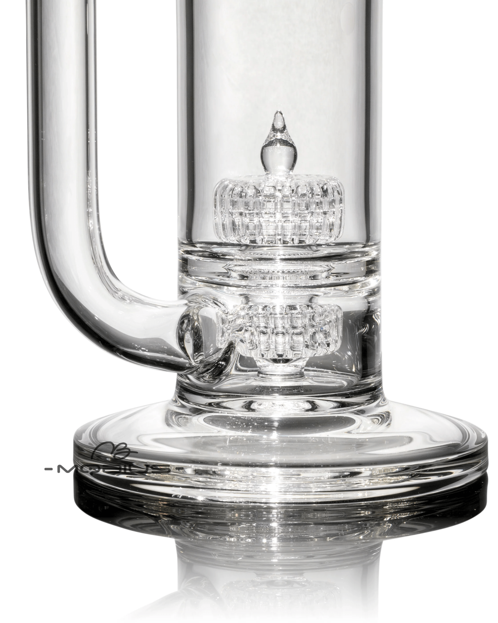 Clear Mobius 60T Tall Stereo Matrix waterpipe with splash trap V6 glass design for smooth hits and durable construction.