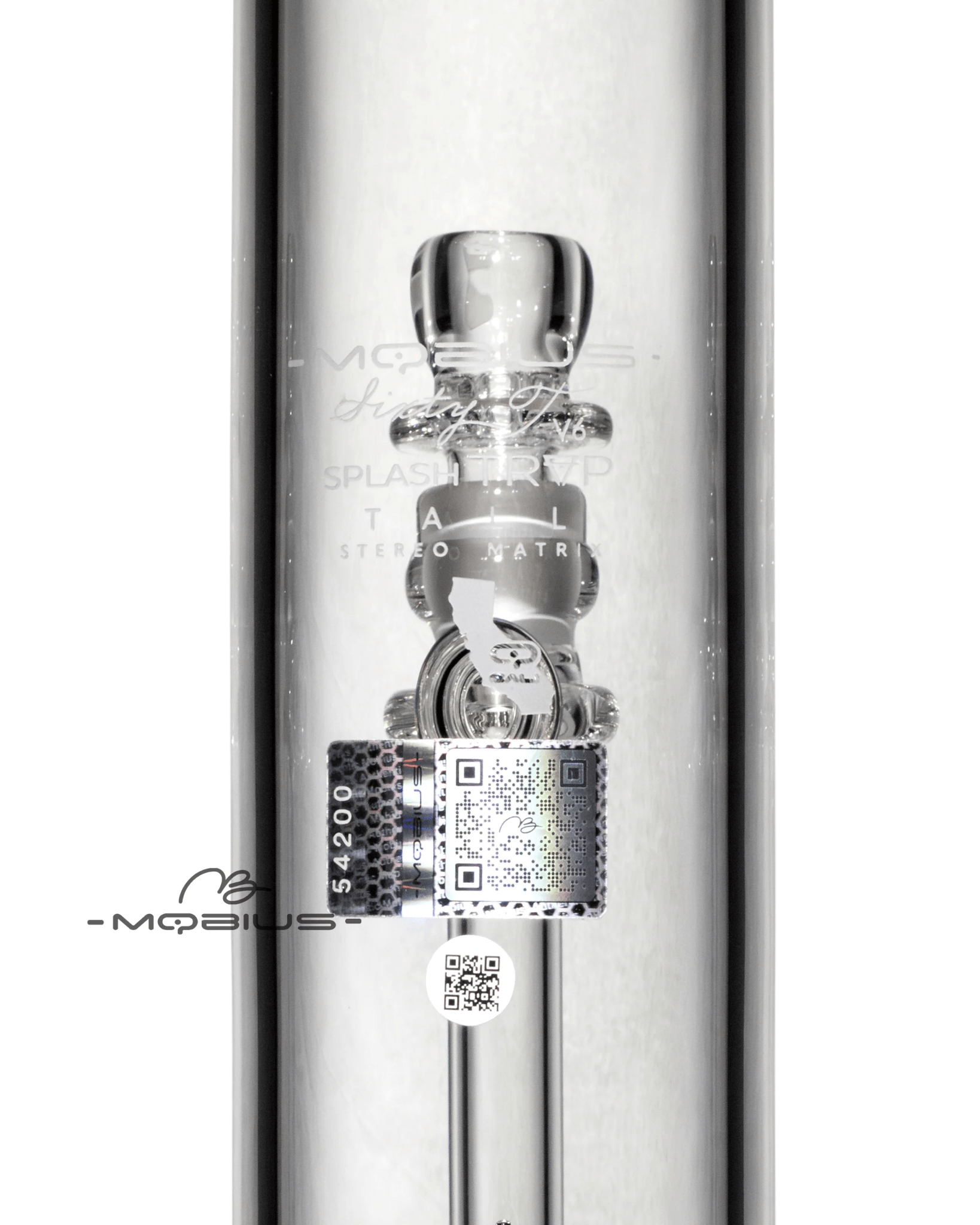Clear Mobius 60T Tall Stereo Matrix waterpipe with Splash Trap V6, featuring intricate glass design and durable construction.