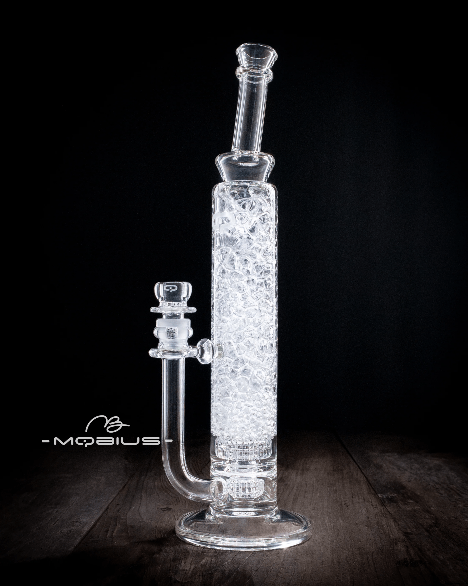 Clear Mobius 60T Tall Stereo Matrix waterpipe with Splash Trap V6, featuring a sleek glass design and intricate glasswork.