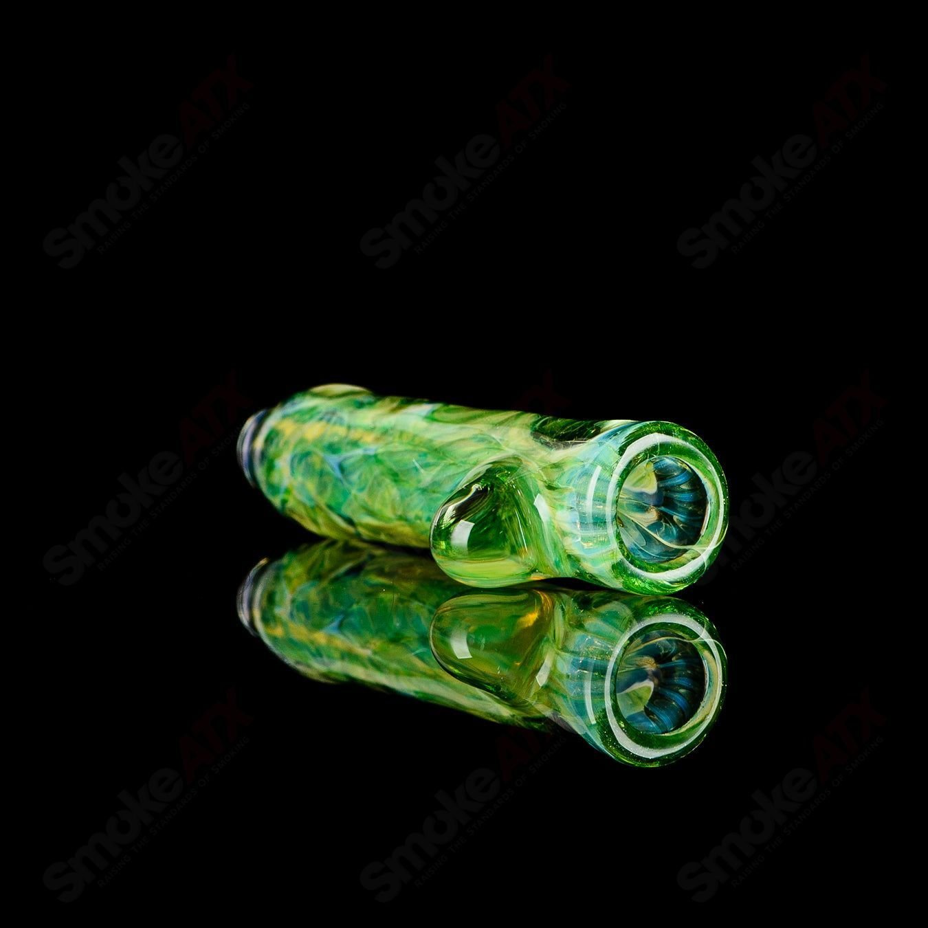 Signed JMK Glass #7 I/O worked chillum, handcrafted clear glass smoking pipe with intricate design and smooth finish.