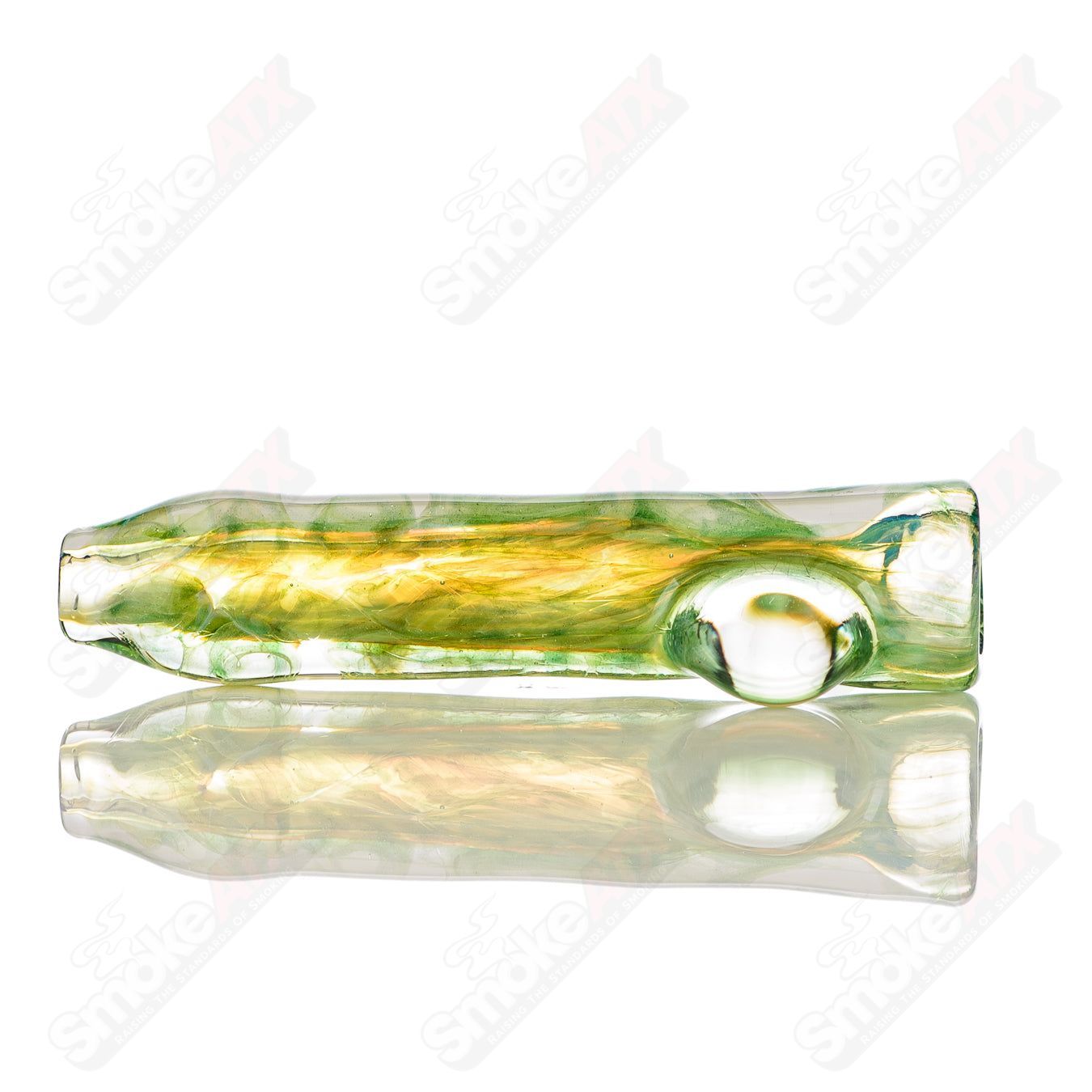 Glass chillum with signed JMK Glass artwork featuring intricate I/O worked design and polished glass finish.
