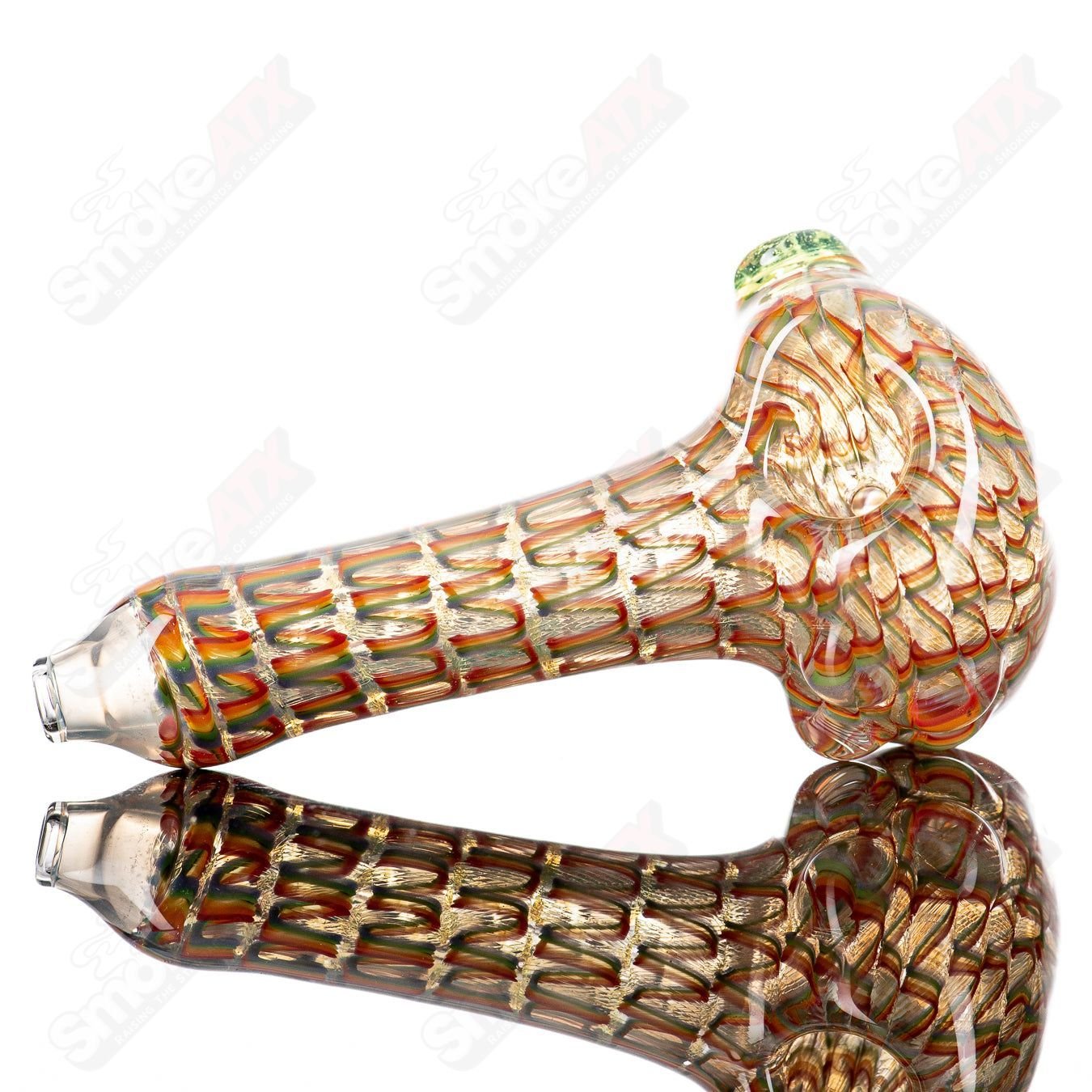 JMK Glass #7 Lattice Coil Spoon, hand pipe with intricate lattice coil design, made of clear glass for smoking or collection.