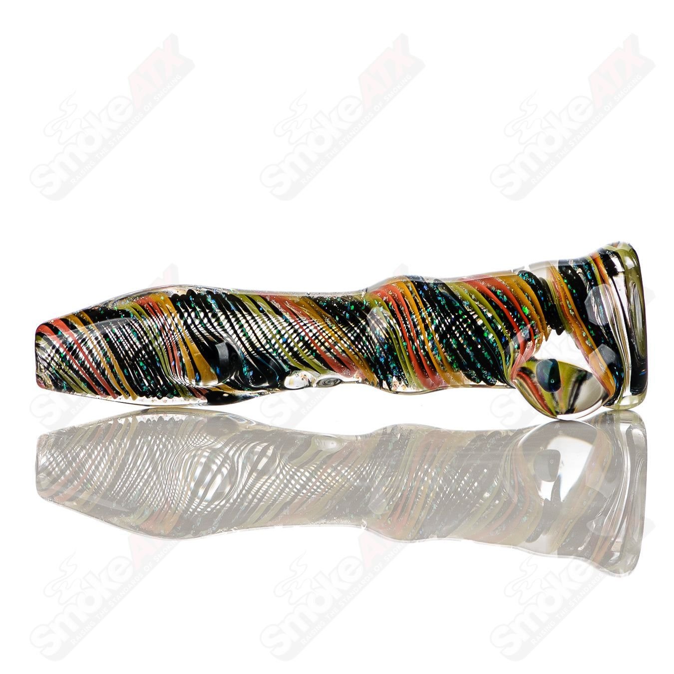 Glass chillum named #7 Opal Hitter by Rotational Science, featuring a colorful opal design and smooth glass construction.