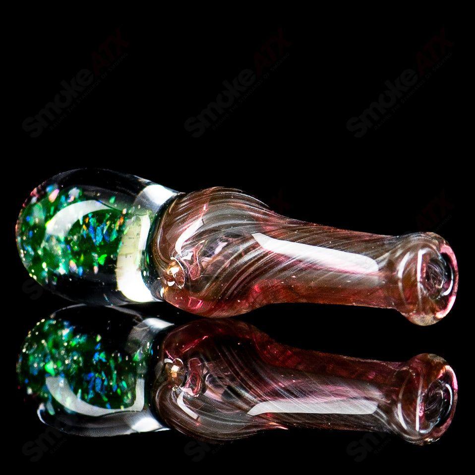 Colorful UV-reactive Puffco Joystick Indo heady glass made by Geoff Made Glass, designed for Puffco tops, with vibrant glass details.