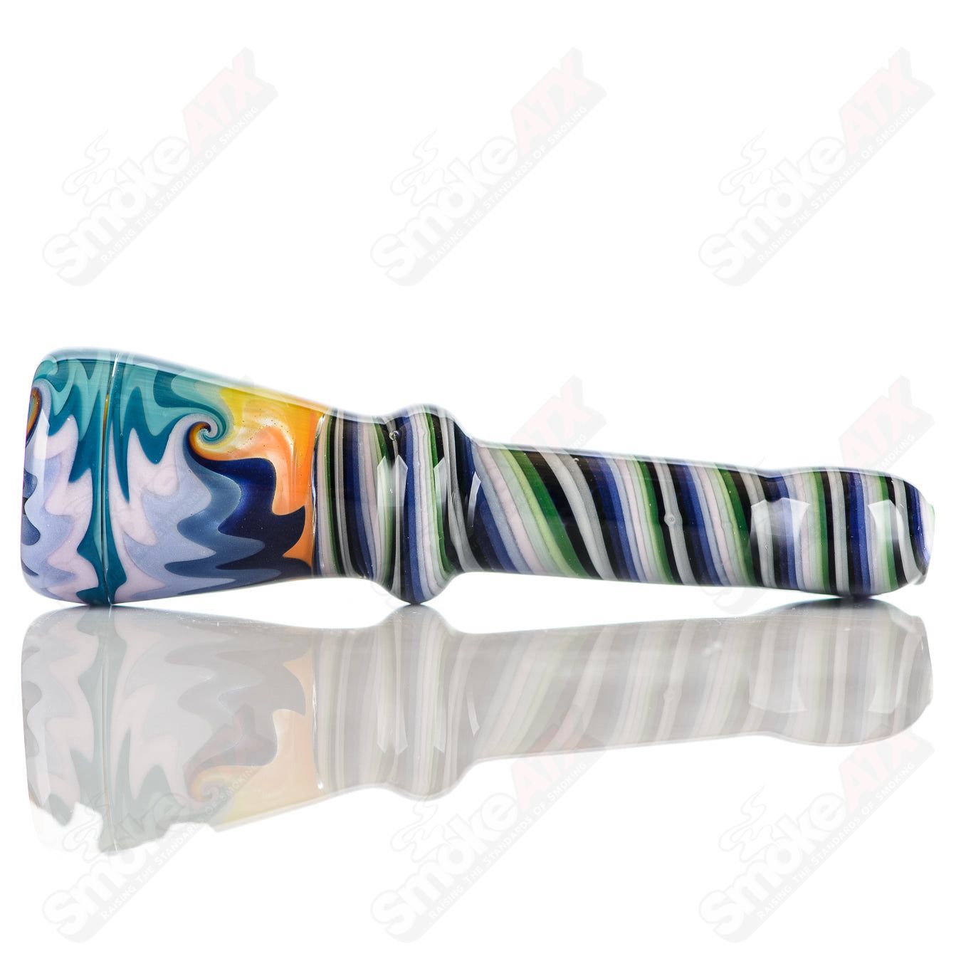 Katy Wright Glass Wig Wag Chillum, colorful heady glass pipe with intricate wig wag pattern, designed for smoking.