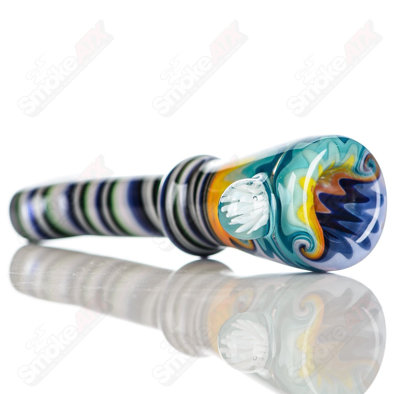 Katy Wright Glass Wig Wag Chillum, colorful heady glass smoking pipe with vibrant wig wag design, compact and artistic.