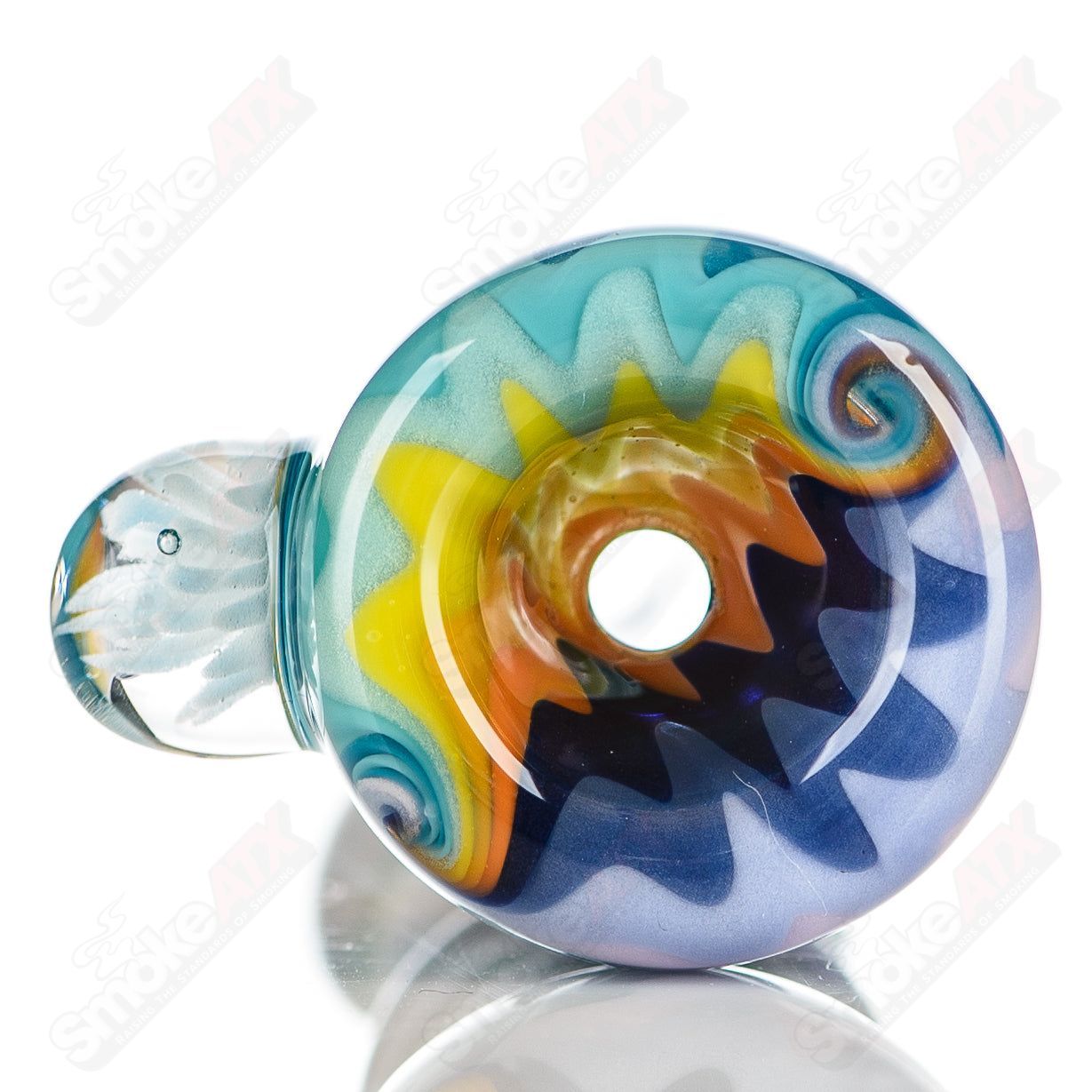 Katy Wright Glass Heady Chillum Wand with colorful Wig Wag pattern, handcrafted glass smoking pipe.