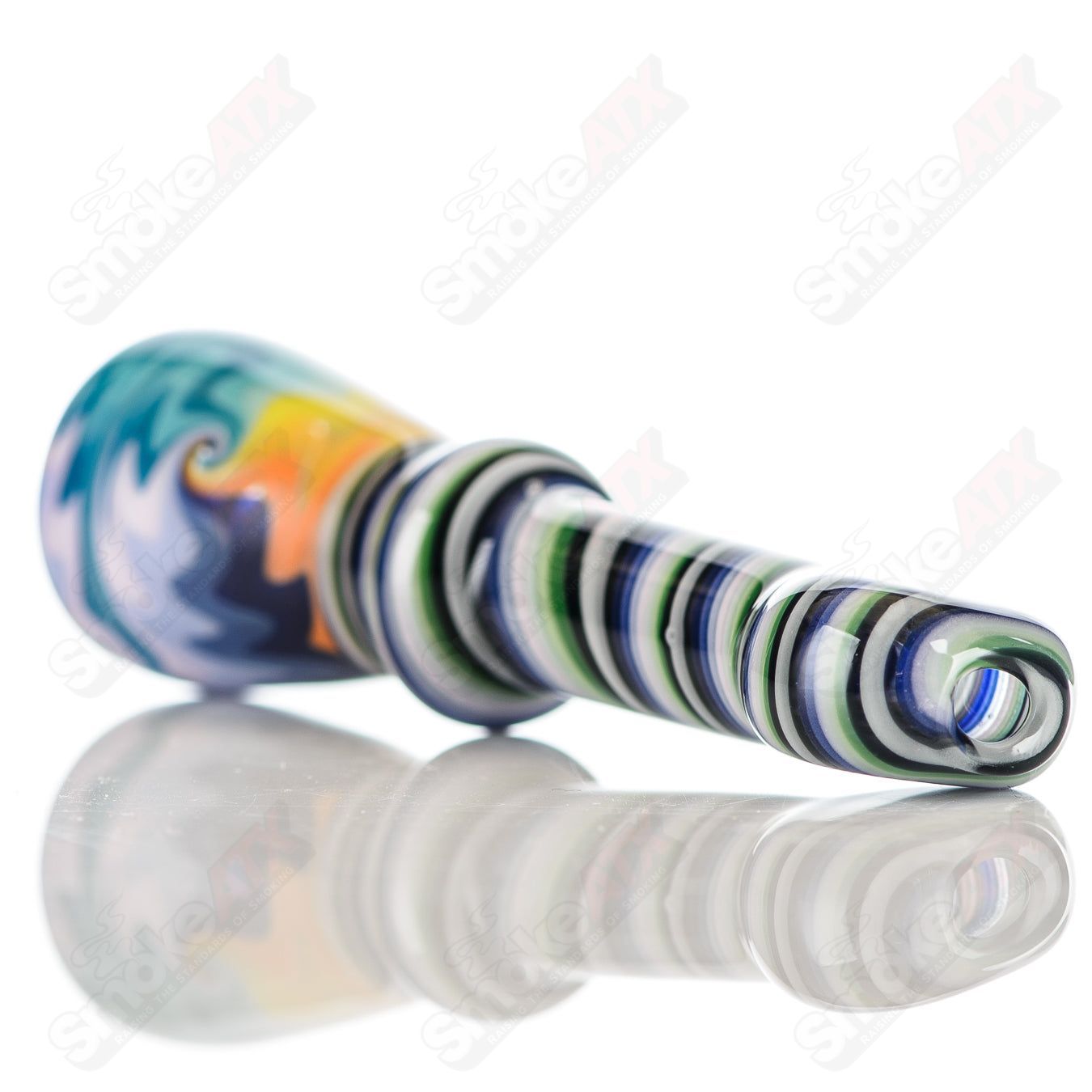 Katy Wright Glass Wig Wag Chillum, colorful heady glass pipe with wavy pattern, designed for smoking.