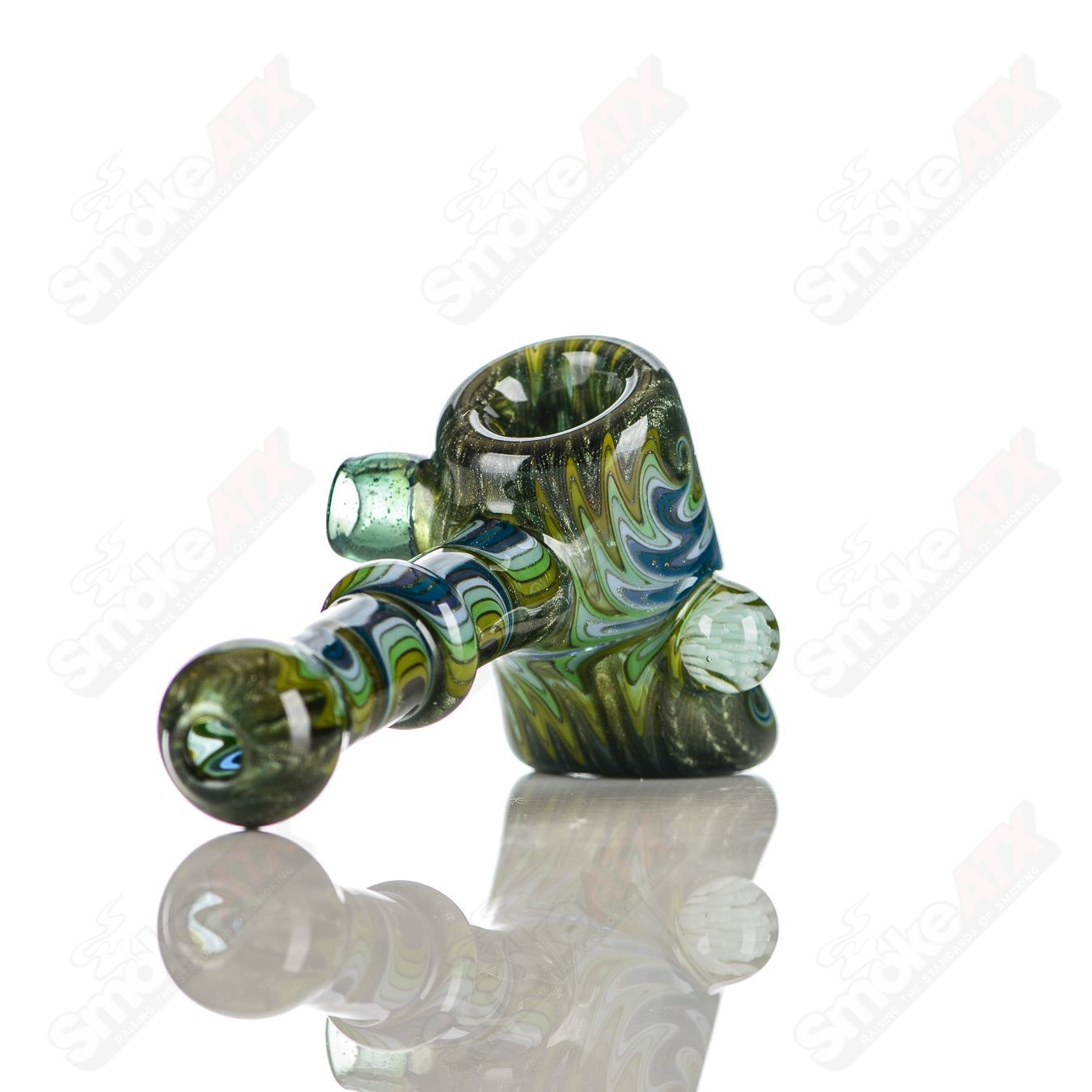 Katy Wright Glass Wig Wag Hammer Dry Pipe, heady glass hand pipe with colorful wig wag design and hammer shape.