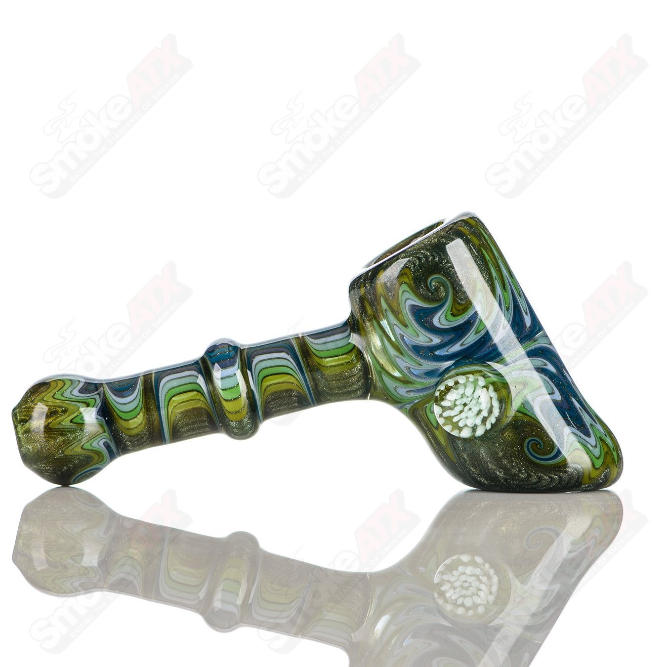 Katy Wright Glass Wig Wag Hammer Dry Pipe, hand pipe with colorful wig wag design, made of heady glass art.