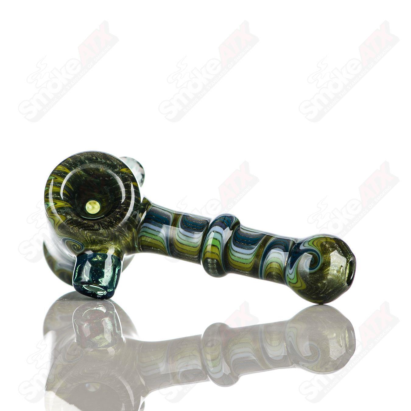 Katy Wright Glass Wig Wag Hammer Dry Pipe, hand pipe with vibrant wig wag design and clear glass construction.