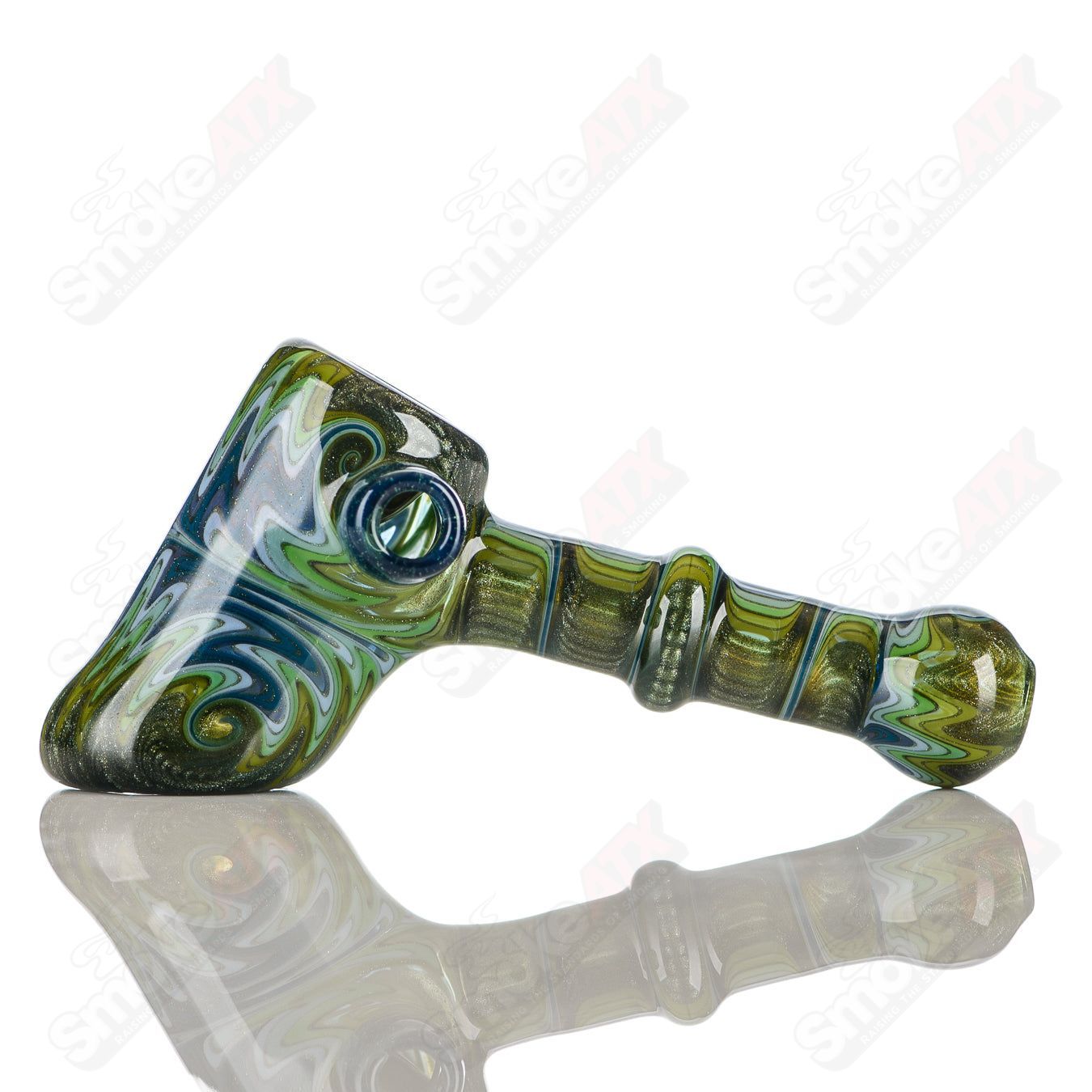 Katy Wright Glass Wig Wag Hammer Dry Pipe, colorful heady glass hand pipe with vibrant wig wag design.