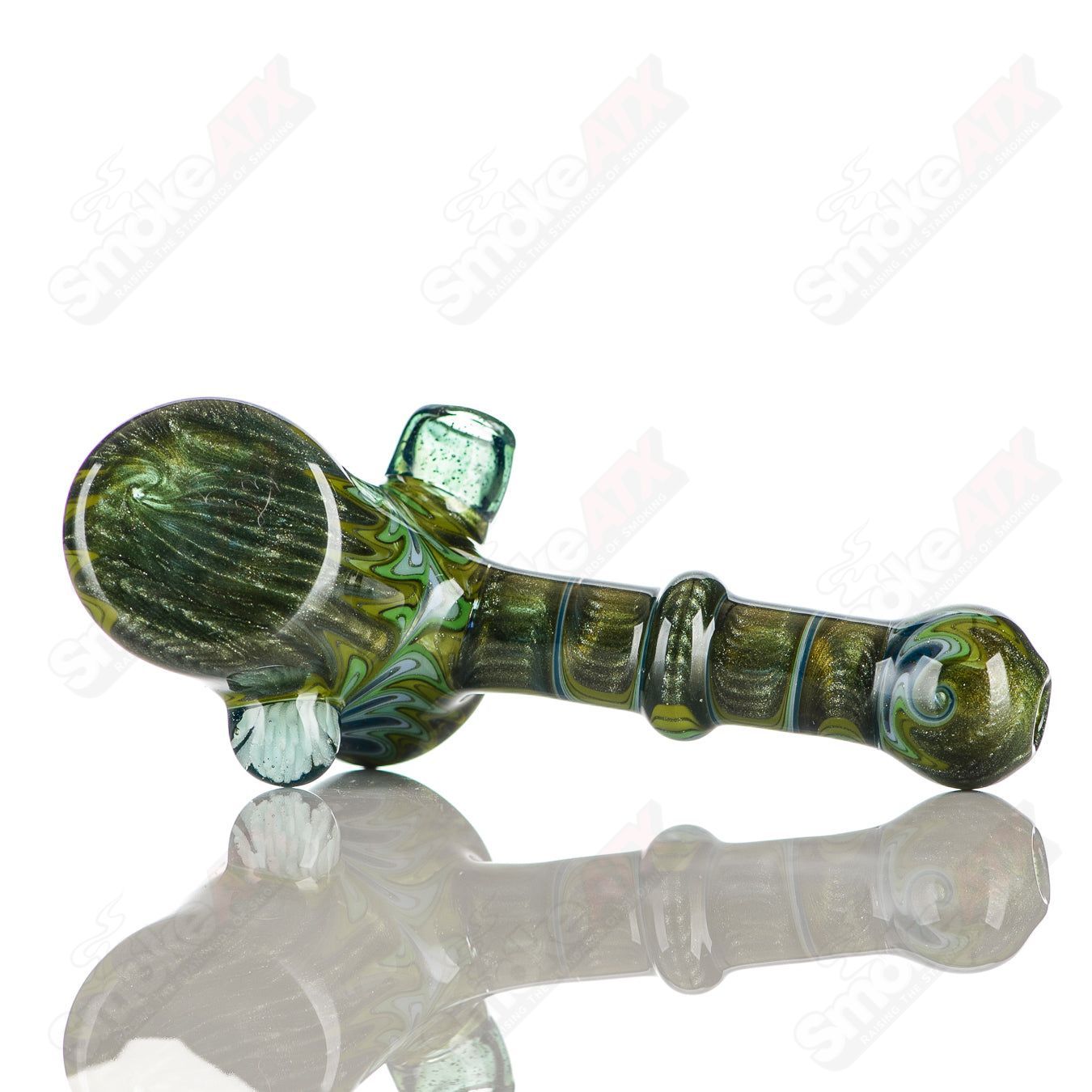 Katy Wright Glass Wig Wag Hammer Dry Pipe, heady glass hand pipe with colorful wig wag design and textured hammer shape.