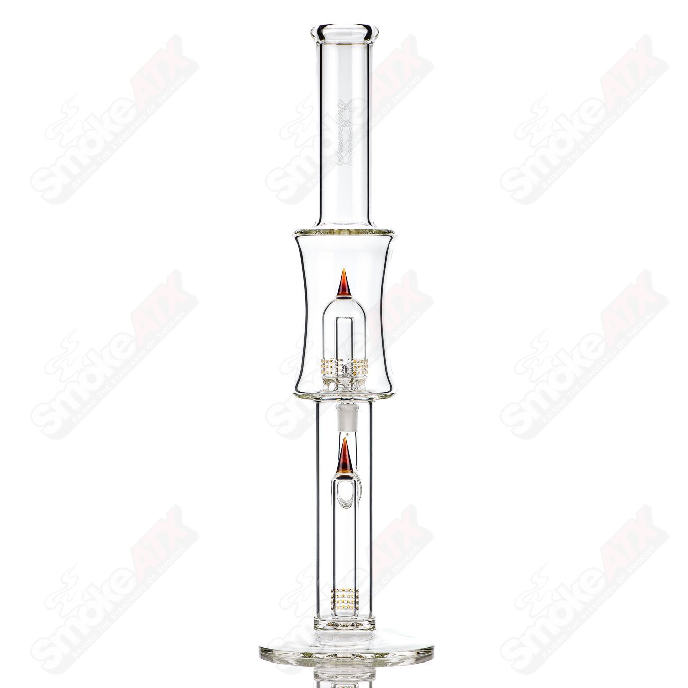 Sovereignty Glass 75mm grid dome with amber purple minor accent, straight tube design, showcasing intricate glasswork and vibrant colors.