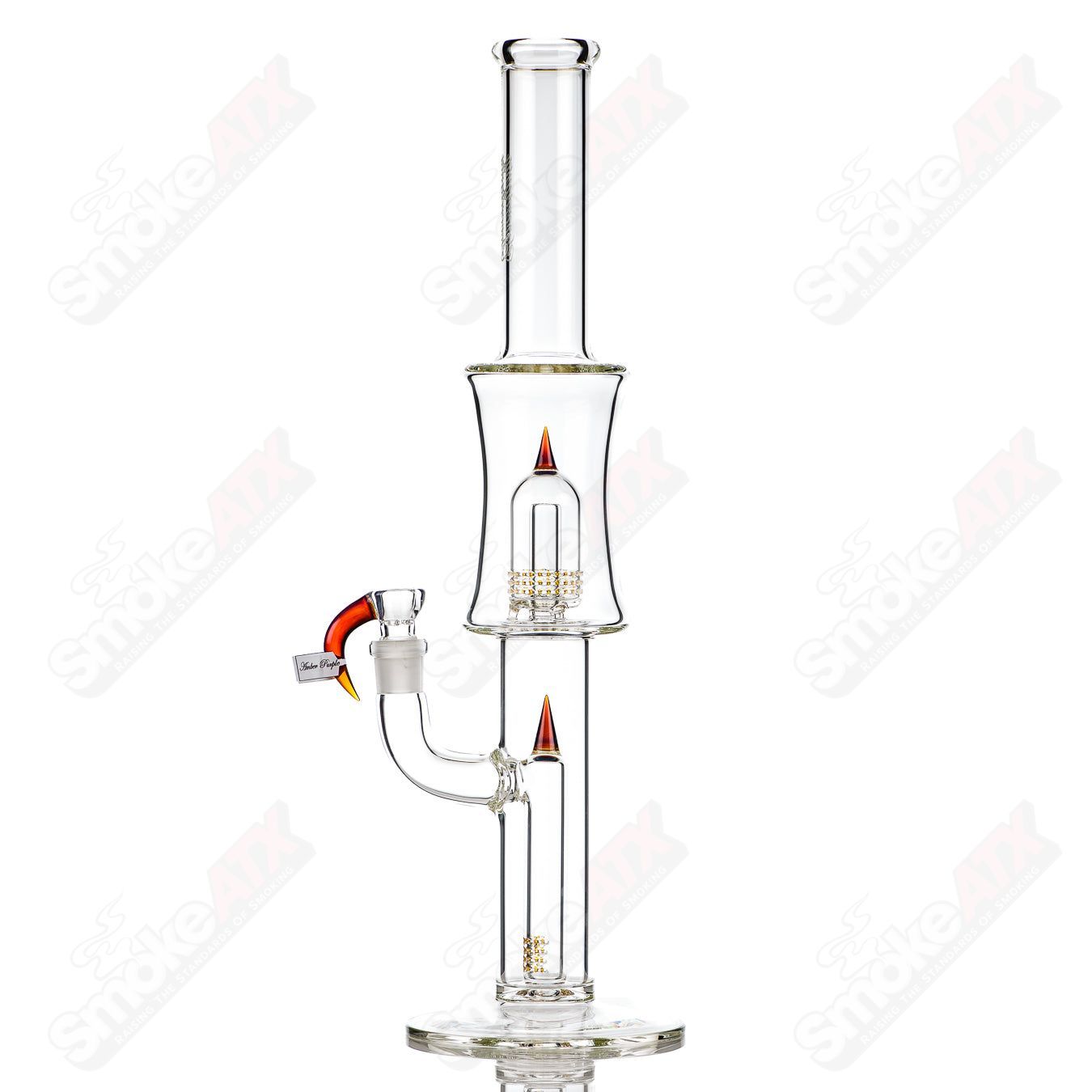 Sovereignty Glass 75mm Grid Dome Fixed 180 Minor Accent in Amber Purple, straight glass tube with intricate grid design.
