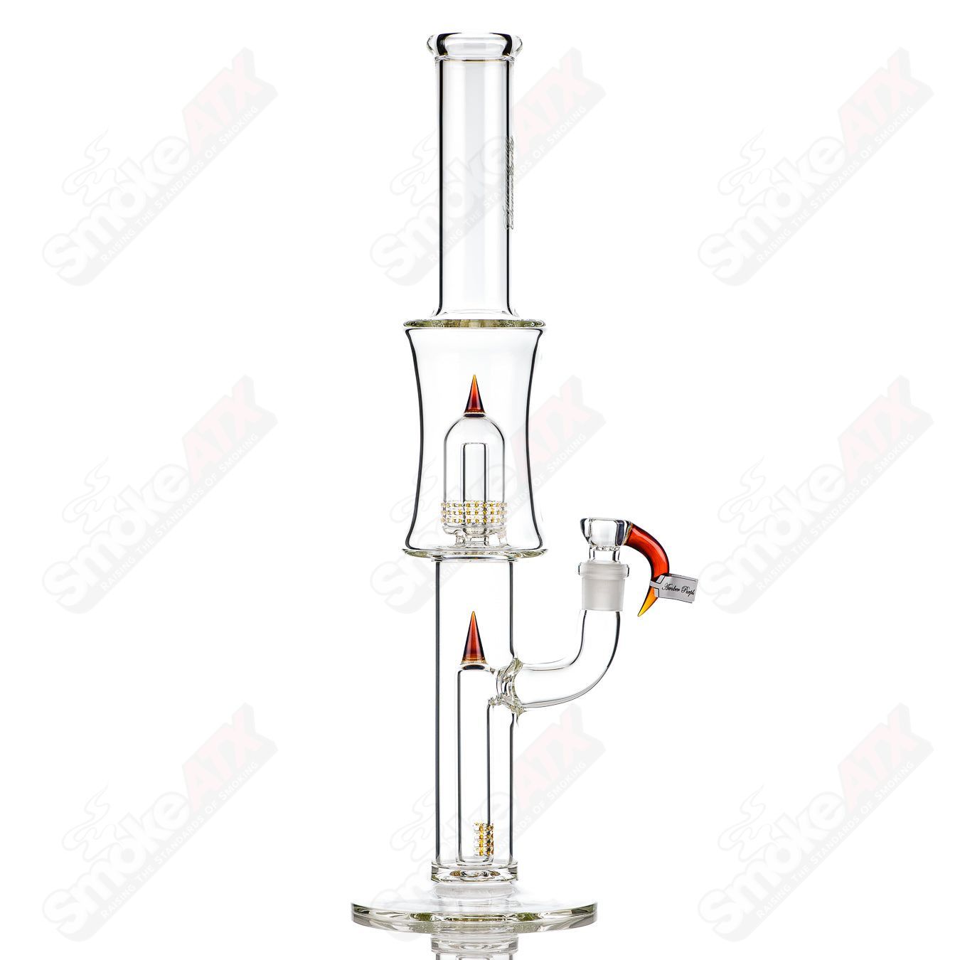 Sovereignty Glass 75mm grid dome fixed 180 minor accent in amber purple, straight glass tube with colorful design.