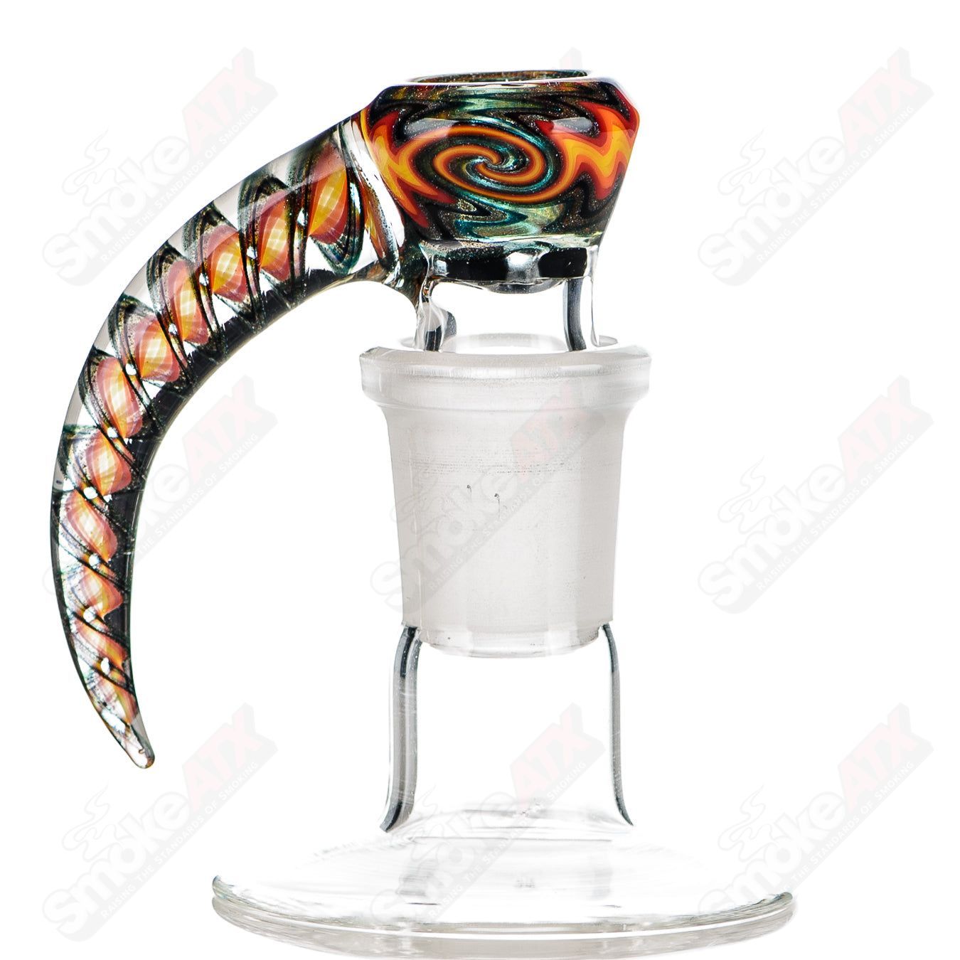 Colorful 18mm worked 4-hole slide from Texas Tubes, designed for Heady Glass bowls, featuring vibrant patterns and durable construction.