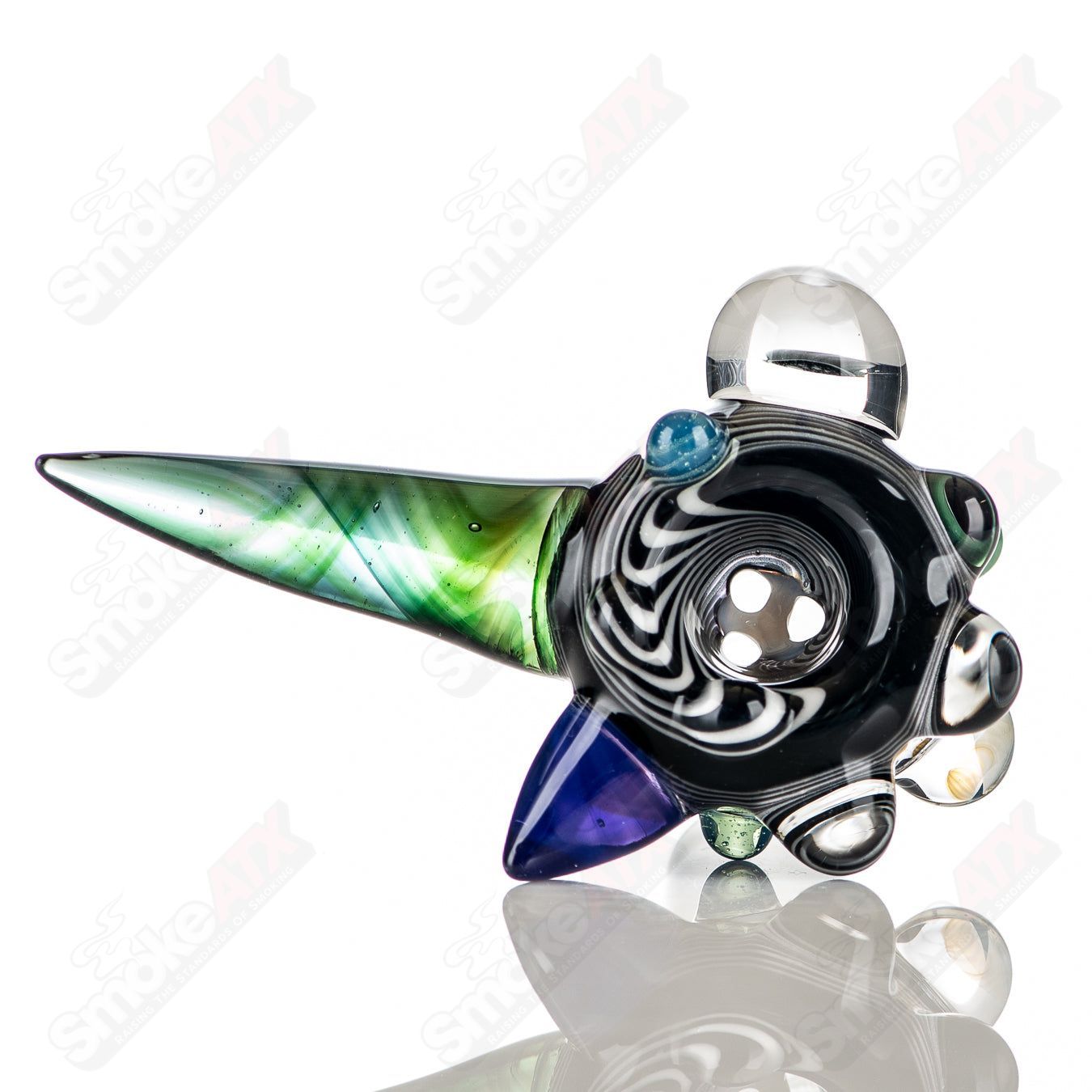 JMass 19mm full color worked horn milli bowl for heady glass pipes, featuring vibrant horn design and intricate craftsmanship.