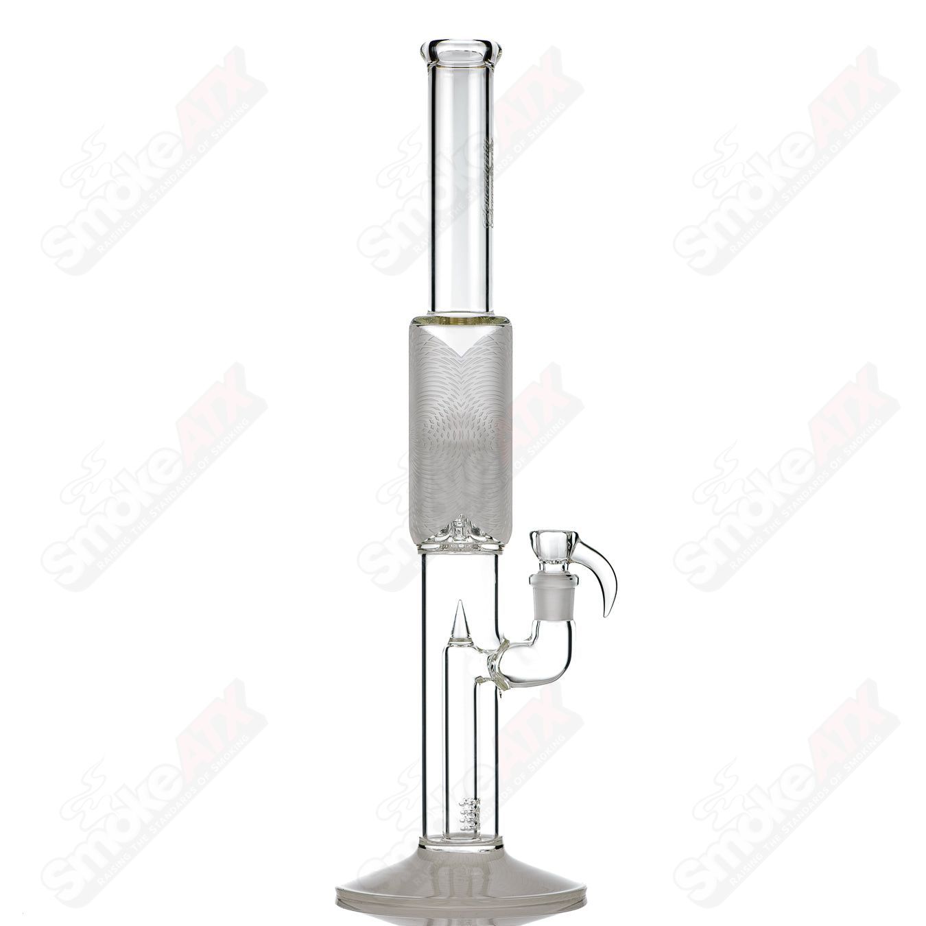 Sovereignty Glass 8-arm fixed 180° clear straight tube with frosted patterned design for smoking or vaporizing.