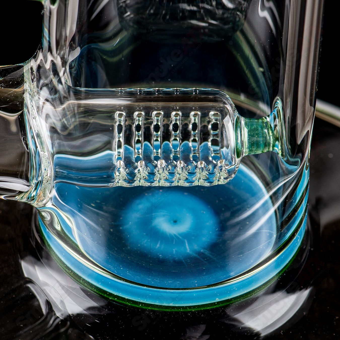 Sovereignty Glass 8-arm Stemline partial accent straight tube with double bore and seal accent design, clear glass with intricate detailing.