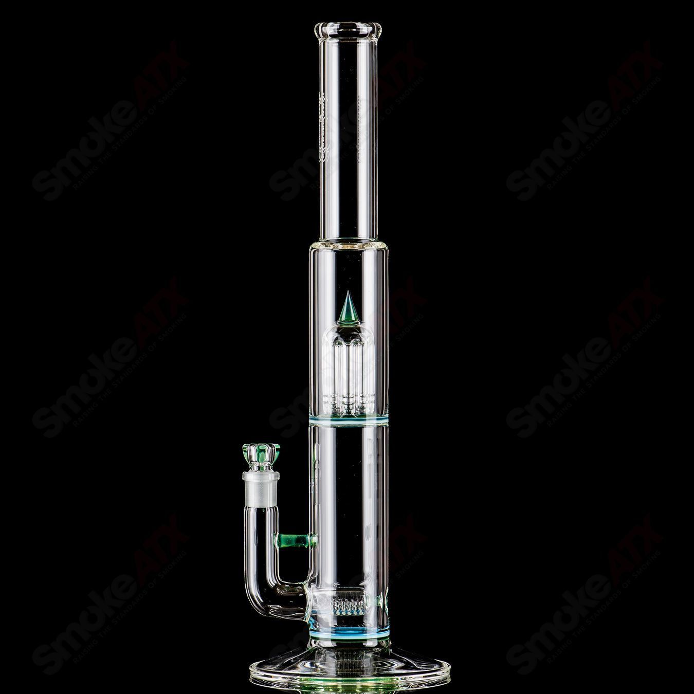 Sovereignty Glass 8-arm stemline partial accent straight tube with double bore seal, showcasing clear glass design with decorative accents.