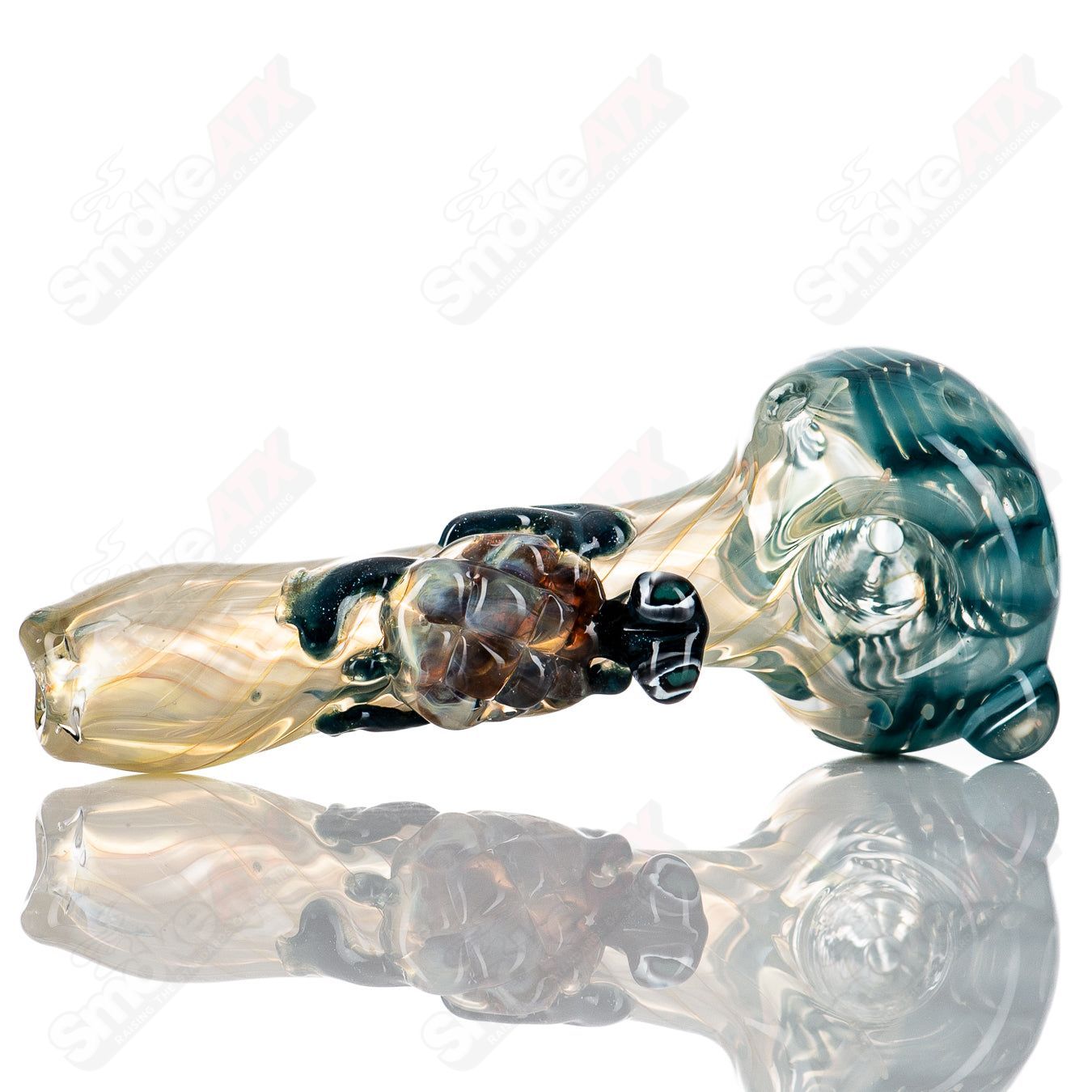 Hand-blown glass #8 Critter Spoon by Molten Imagination, featuring a colorful critter design for unique pipe use.