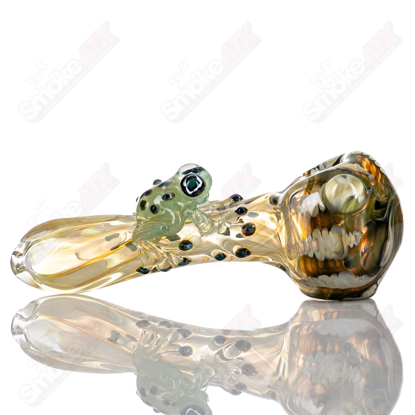 Molten Imagination #8 Critter Spoon glass hand pipe featuring colorful critter designs and clear glass body.