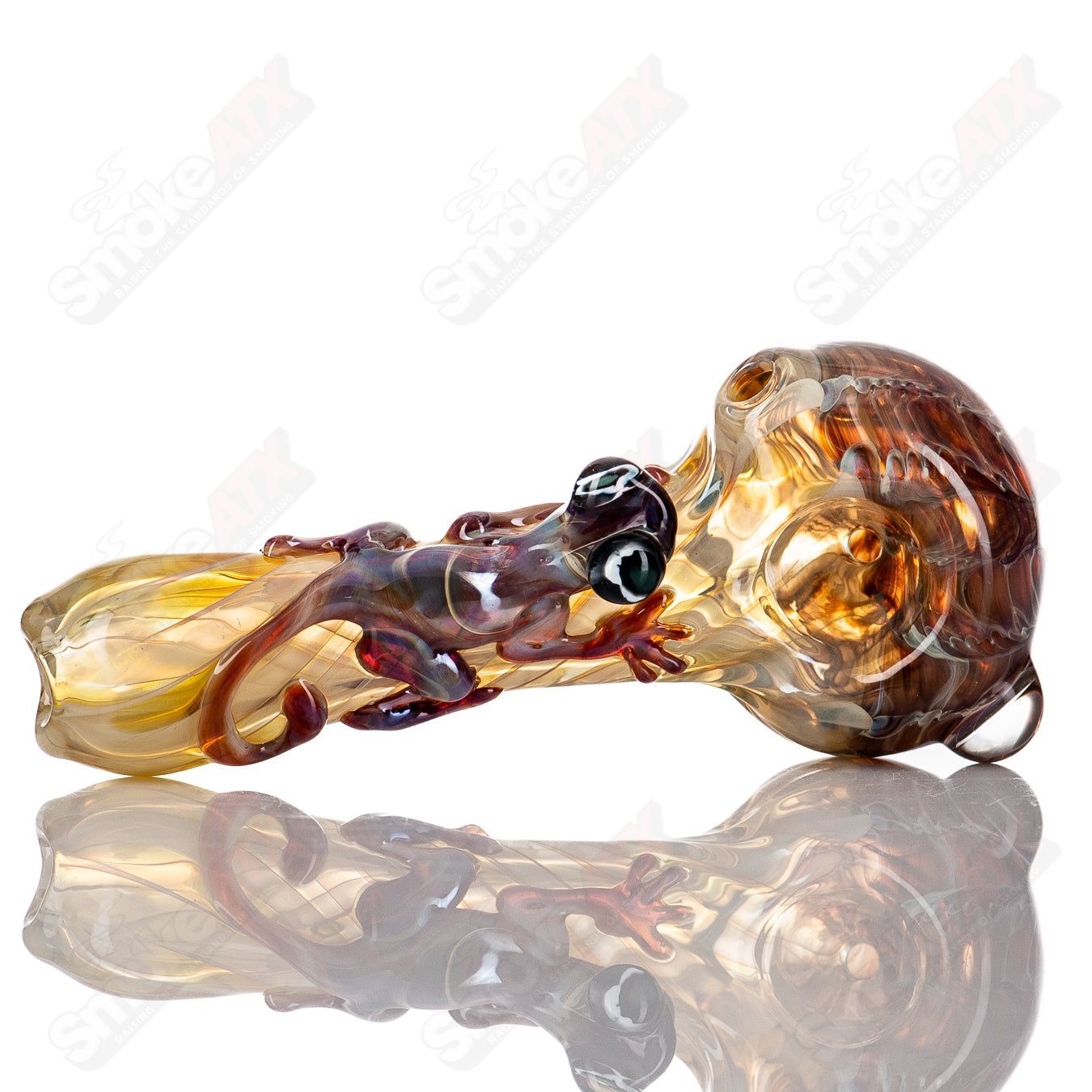Handmade glass #8 Critter Spoon pipe by Molten Imagination, featuring colorful critter design and smooth glass surface.