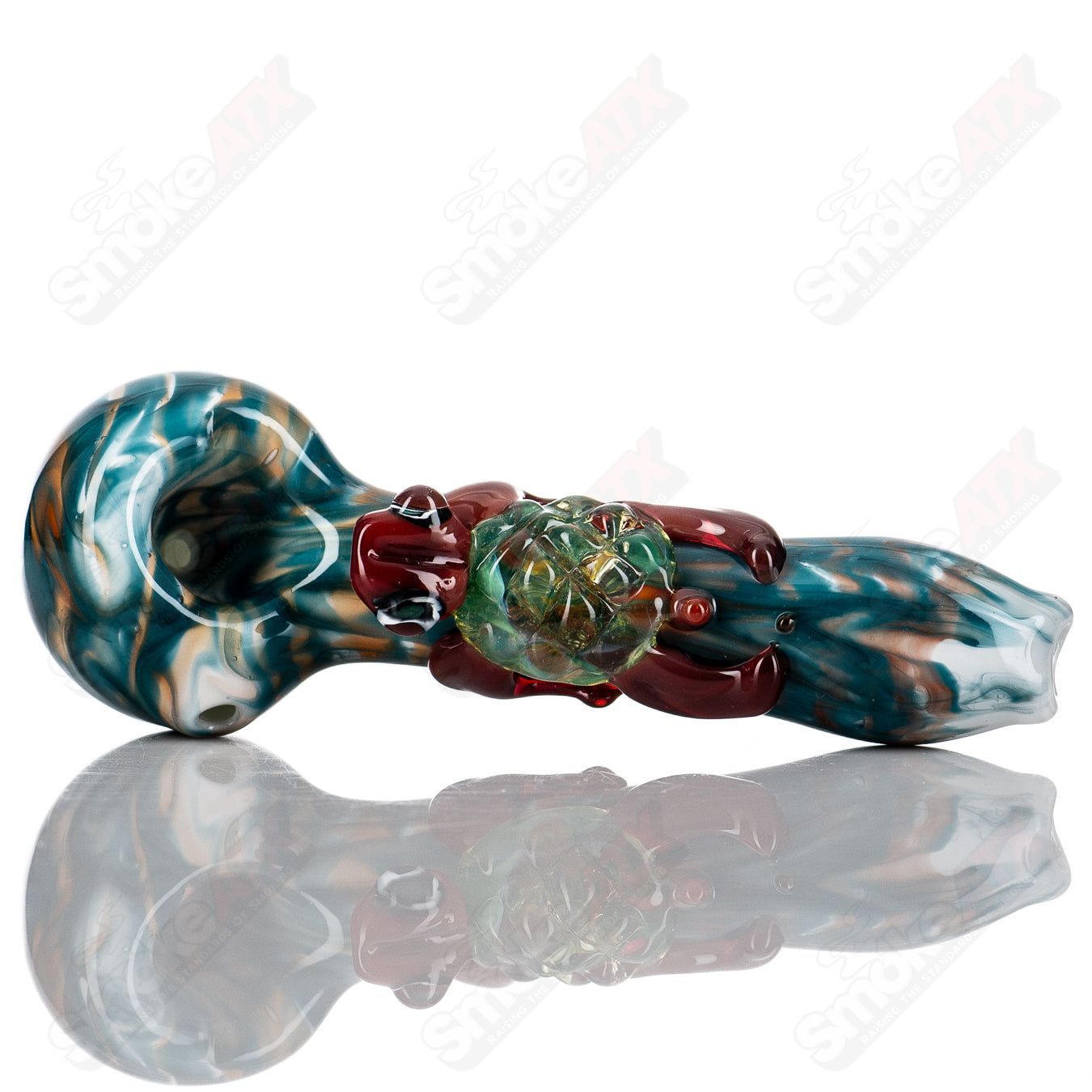 Colorful #8 Critter Spoon glass hand pipe by Molten Imagination featuring whimsical critter design and smooth glass finish.