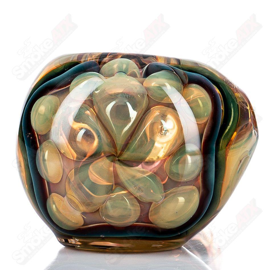 Glass pipe featuring gold and silver fume design, #8 I/O spoon style by Shane Smith, showcasing intricate glasswork and vibrant colors.