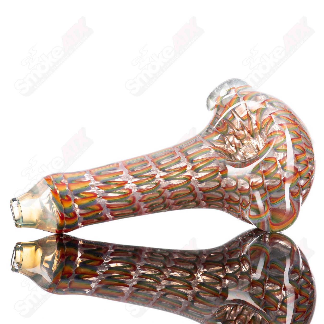 JMK Glass #8 Lattice Coil Spoon hand pipe with intricate lattice coil design and clear glass construction.