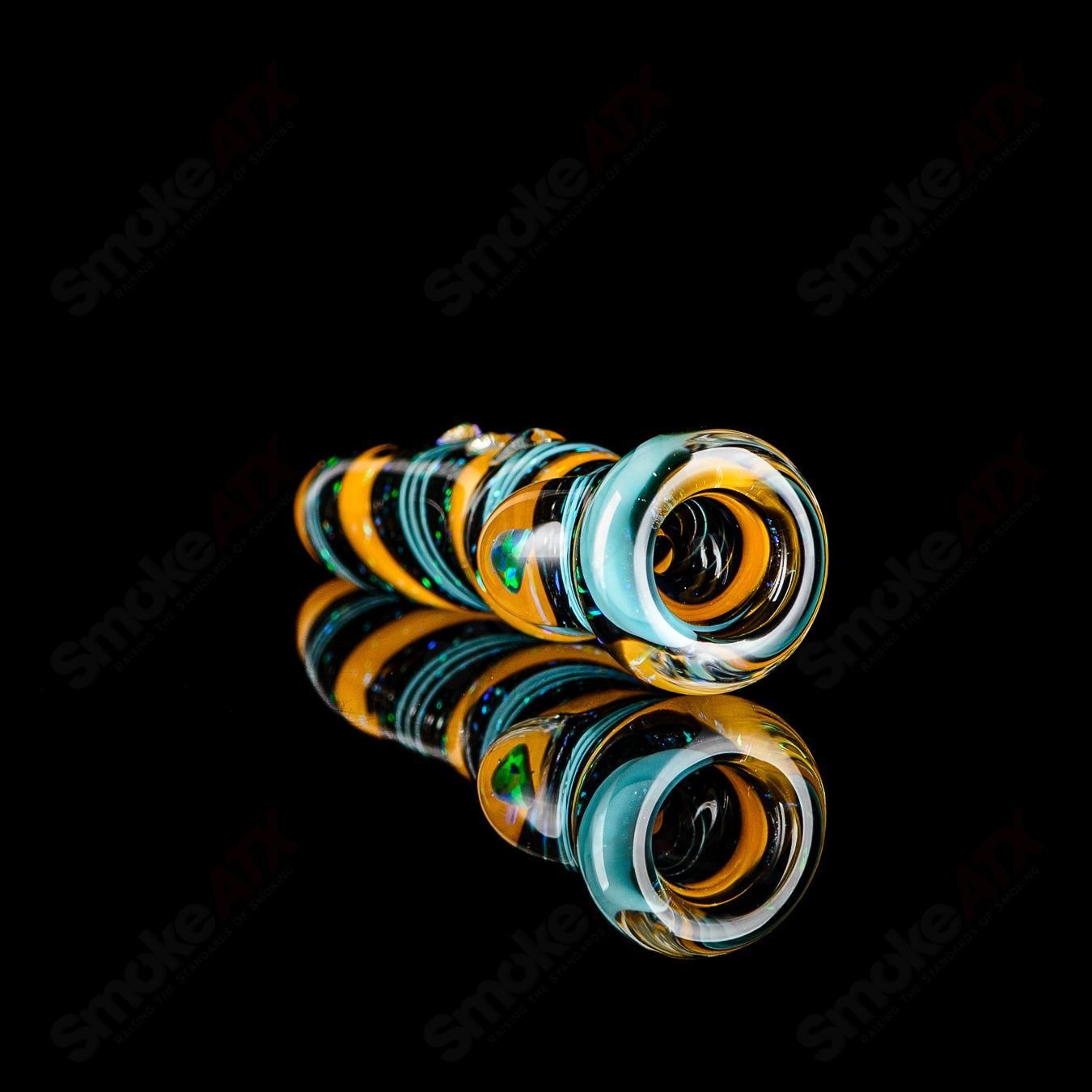 Clear glass #8 Opal Hitter Chillum by Rotational Science featuring colorful opal accents and a smooth, rounded shape.
