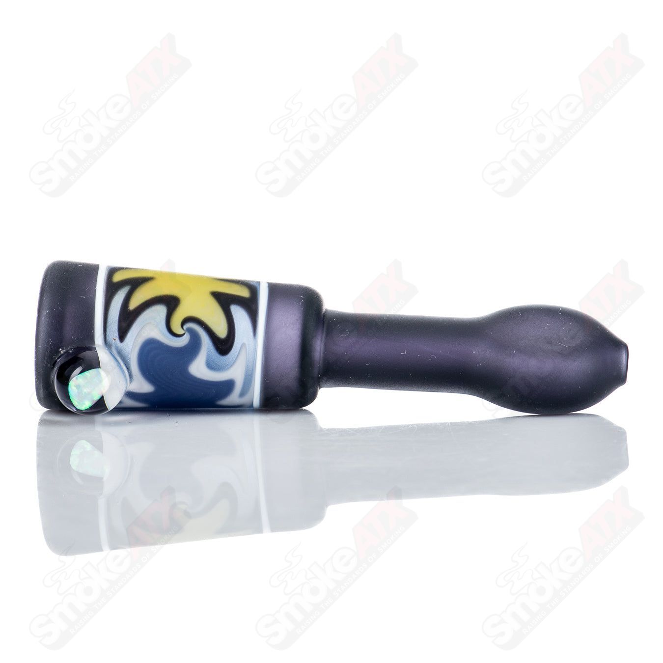 Kirkland Glassworks Wig Wag Chillum, hand-blown heady glass smoking pipe with colorful wig wag design.