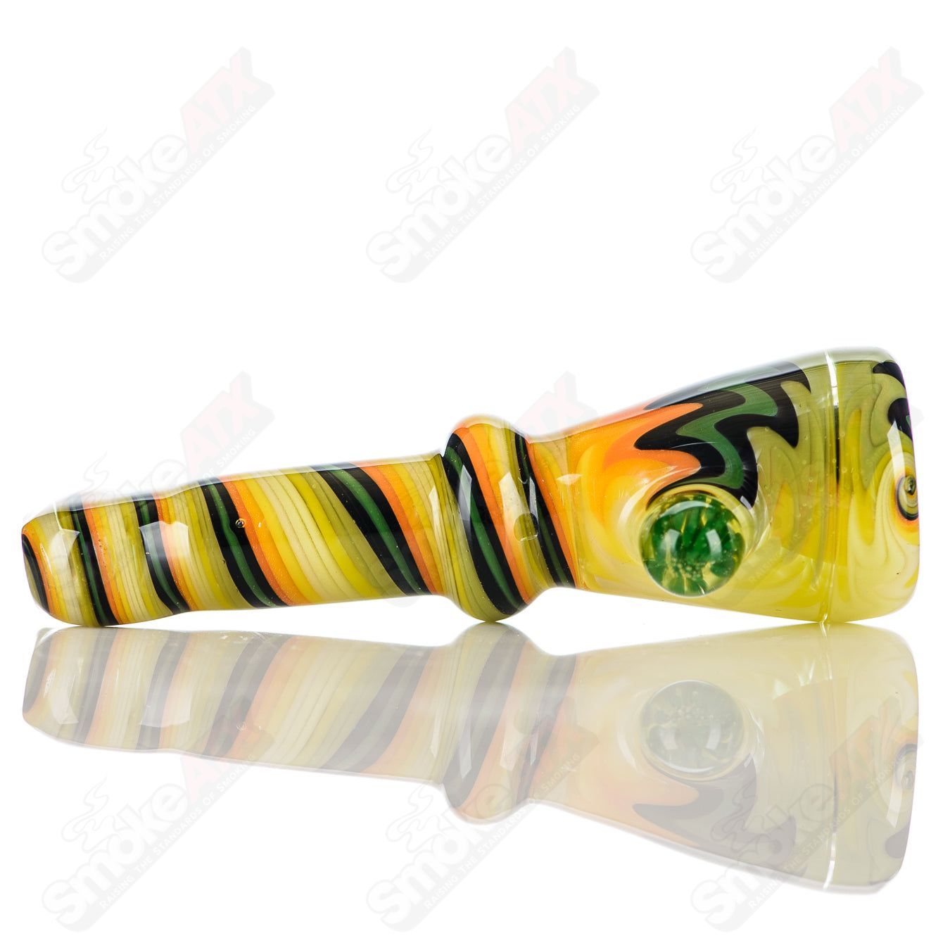 Katy Wright Glass #8 Wig Wag Chillum, hand-blown heady glass pipe with colorful wig wag design for smoking or display.