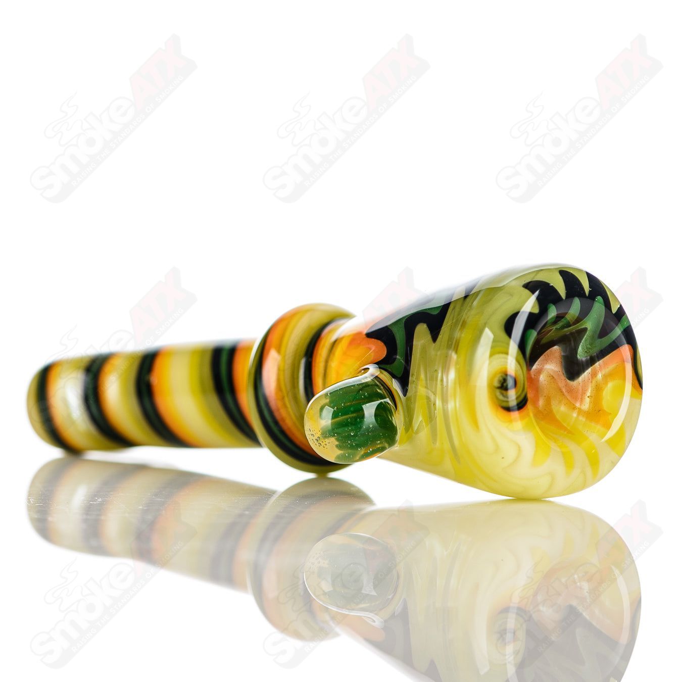 Katy Wright Glass Wig Wag Chillum, colorful heady glass pipe with wig wag pattern, designed for smoking enjoyment.