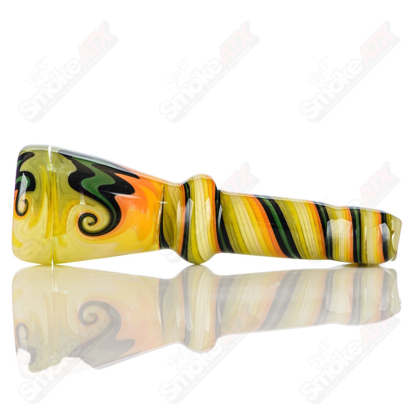 Katy Wright Glass #8 Wig Wag Chillum, handcrafted heady glass pipe with colorful wig wag pattern for smoking enjoyment.