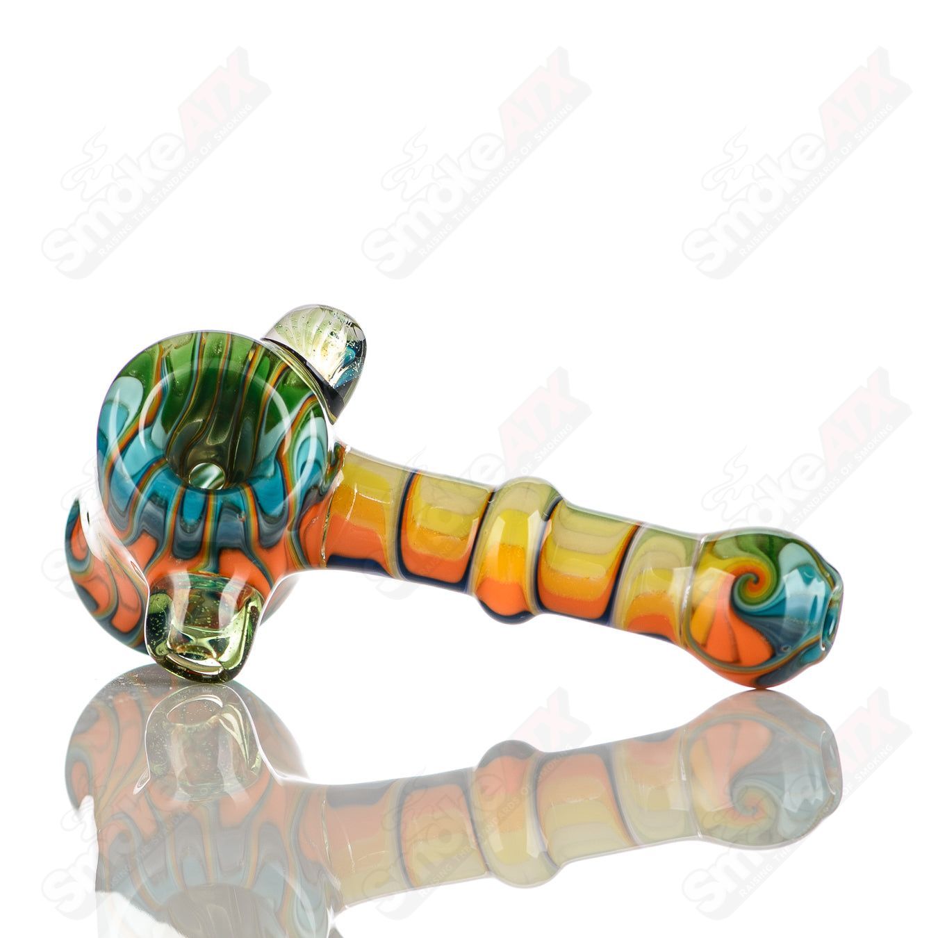 Katy Wright Glass Wig Wag Hammer Dry Pipe in vibrant heady glass with colorful wig wag design and textured hammer shape.
