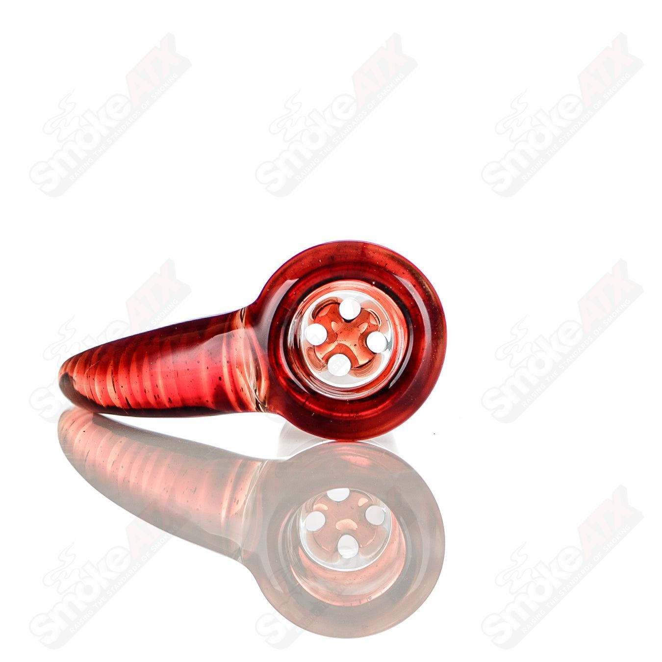 Colorful 18mm worked glass 4-hole slide by Texas Tubes, designed for Heady Glass bowls with intricate details.