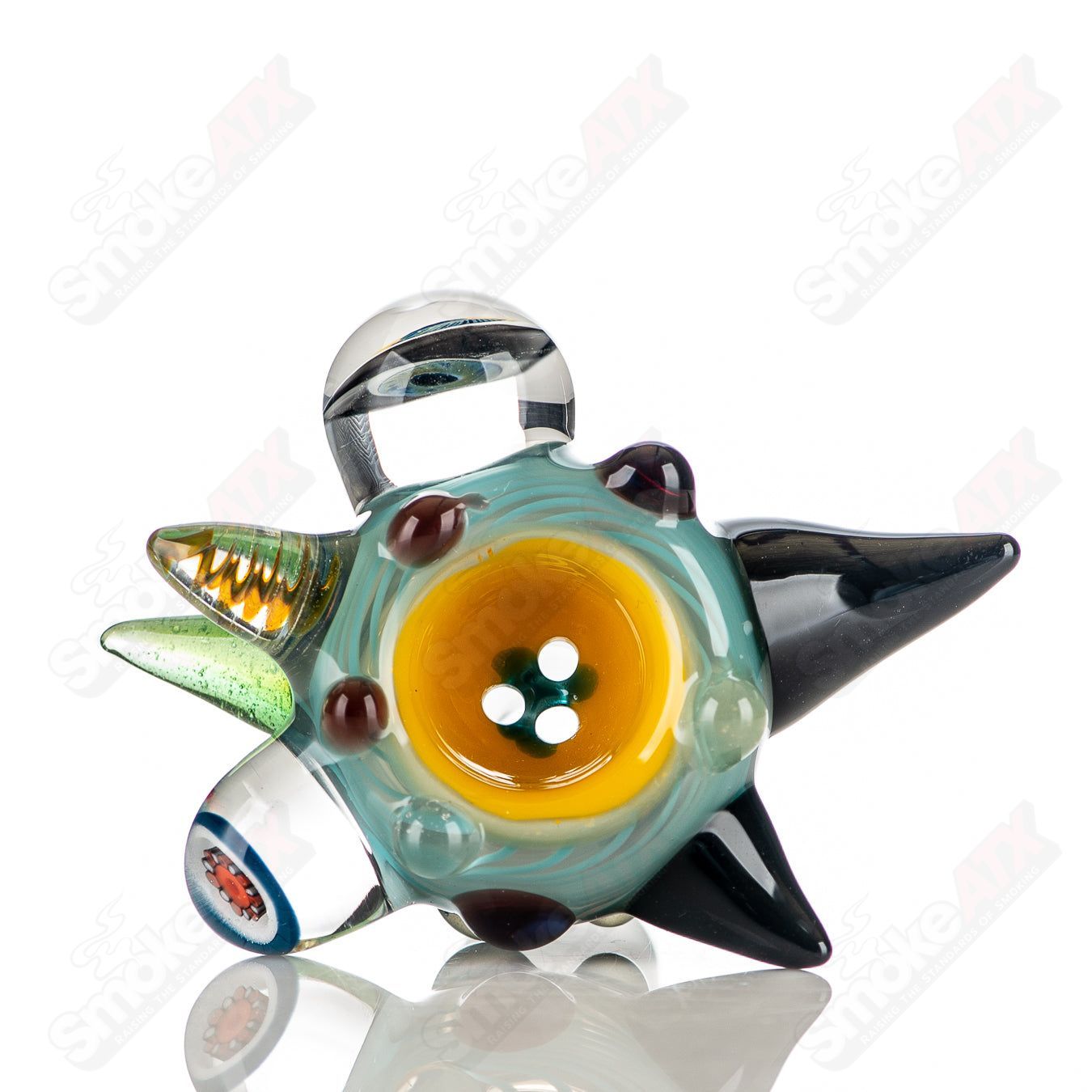 JMass 19mm full color worked horn Milli bowl for heady glass pipes, featuring vibrant horn design and intricate craftsmanship.