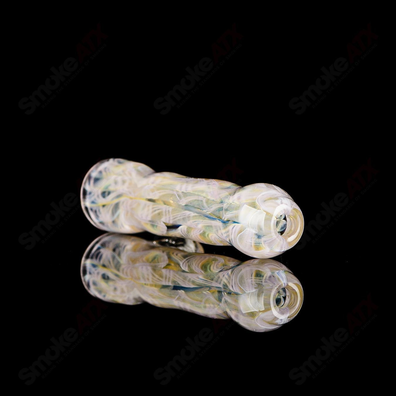 Handcrafted JMK Glass signed #9 I/O Worked Chillum, clear glass smoking pipe with intricate worked details.