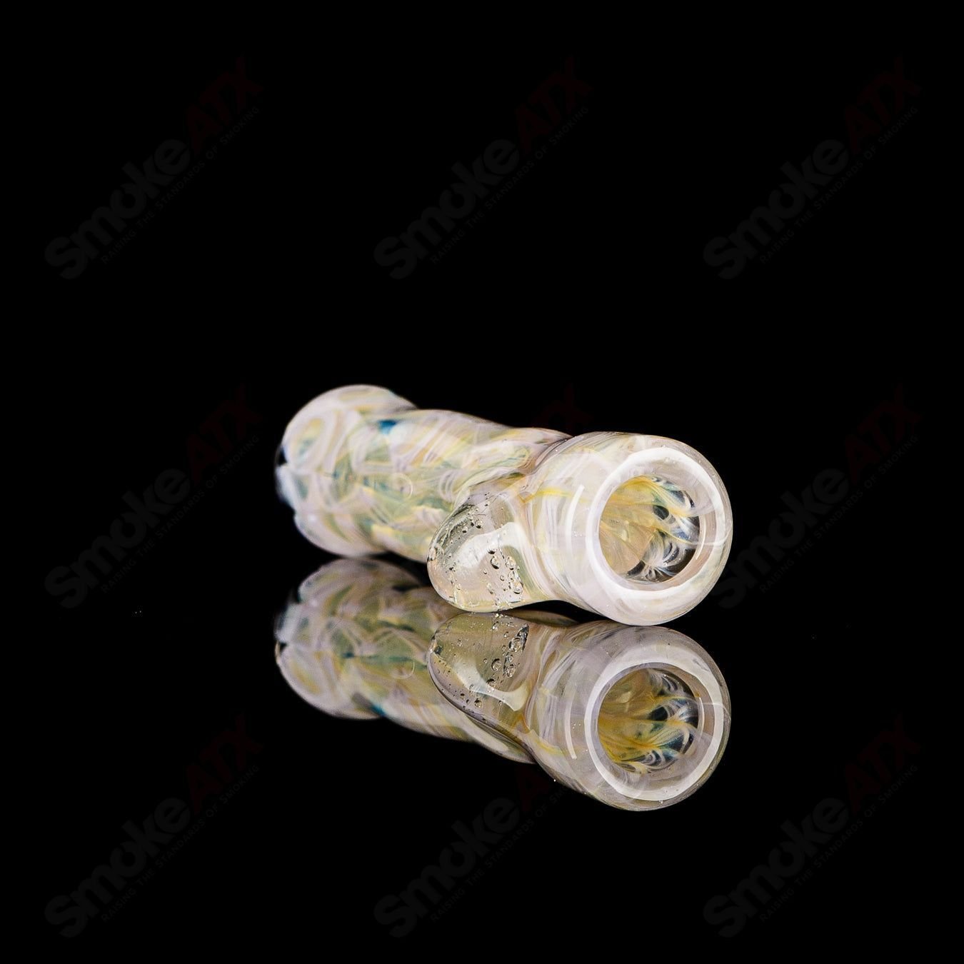 JMK Glass signed #9 I/O Worked Chillum, clear glass smoking pipe with intricate worked design and signature details.