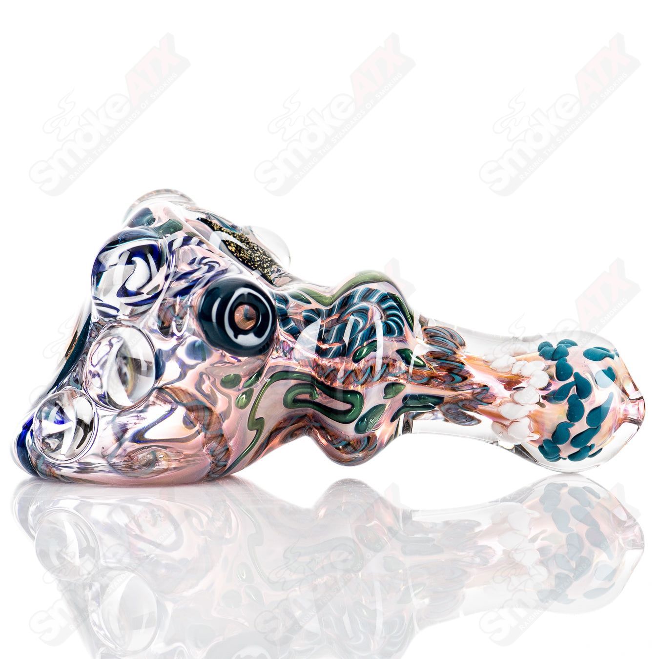 Molten Imagination Custom Glass Creations ISO Chaos Hammer Spoon, clear glass with intricate design, handcrafted by Molten.