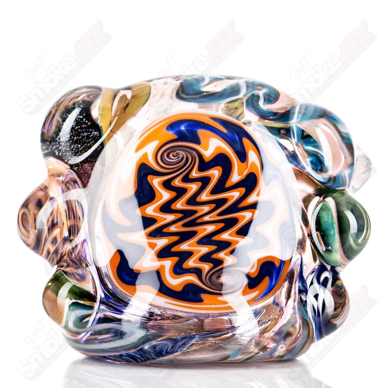 Molten Imagination custom glass Chaos Hammer Spoon with vibrant, artistic design and intricate glasswork on a clear background.