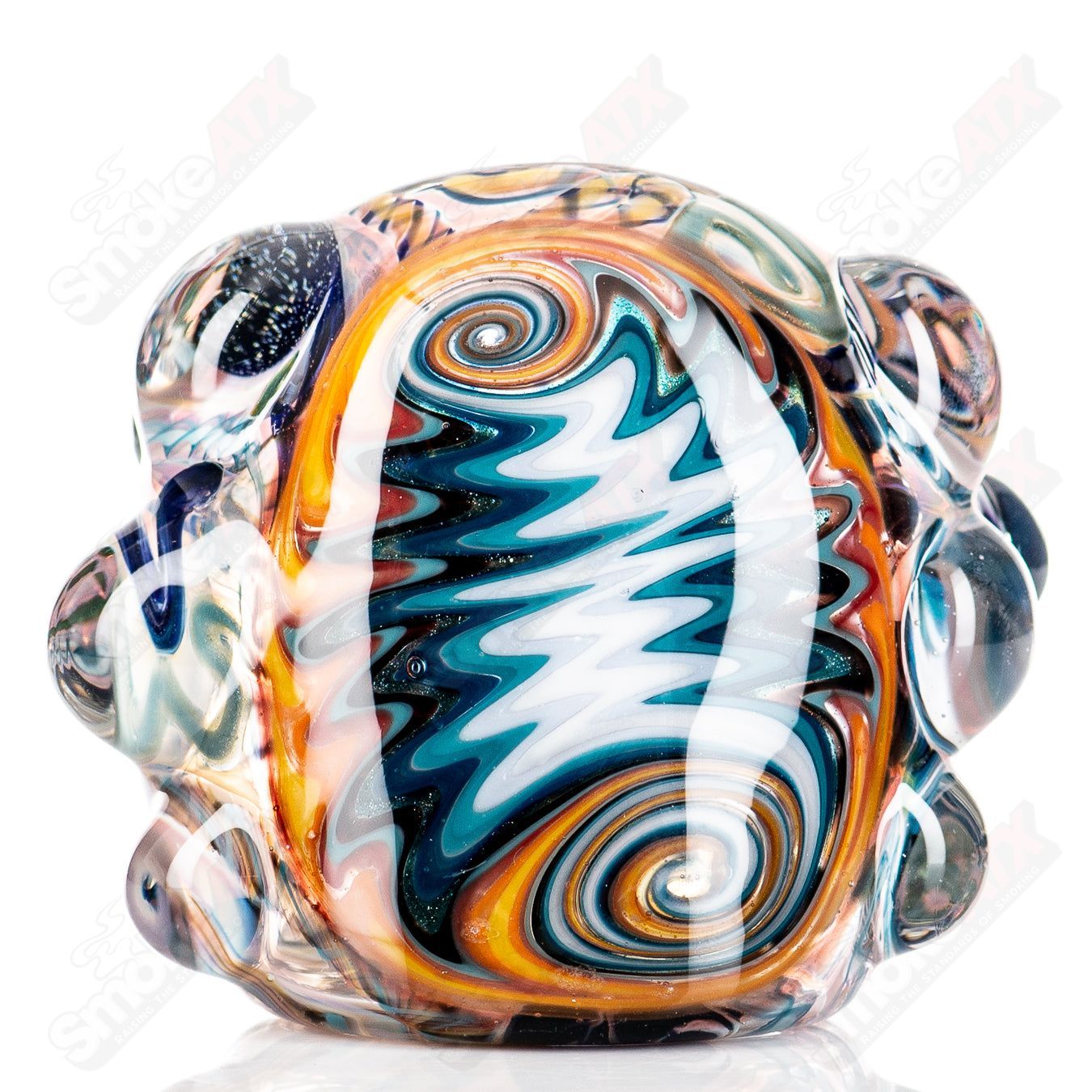 Molten Imagination Custom Glass Creations ISO Chaos Hammer Spoon, handcrafted glass art with vibrant colors and intricate design.