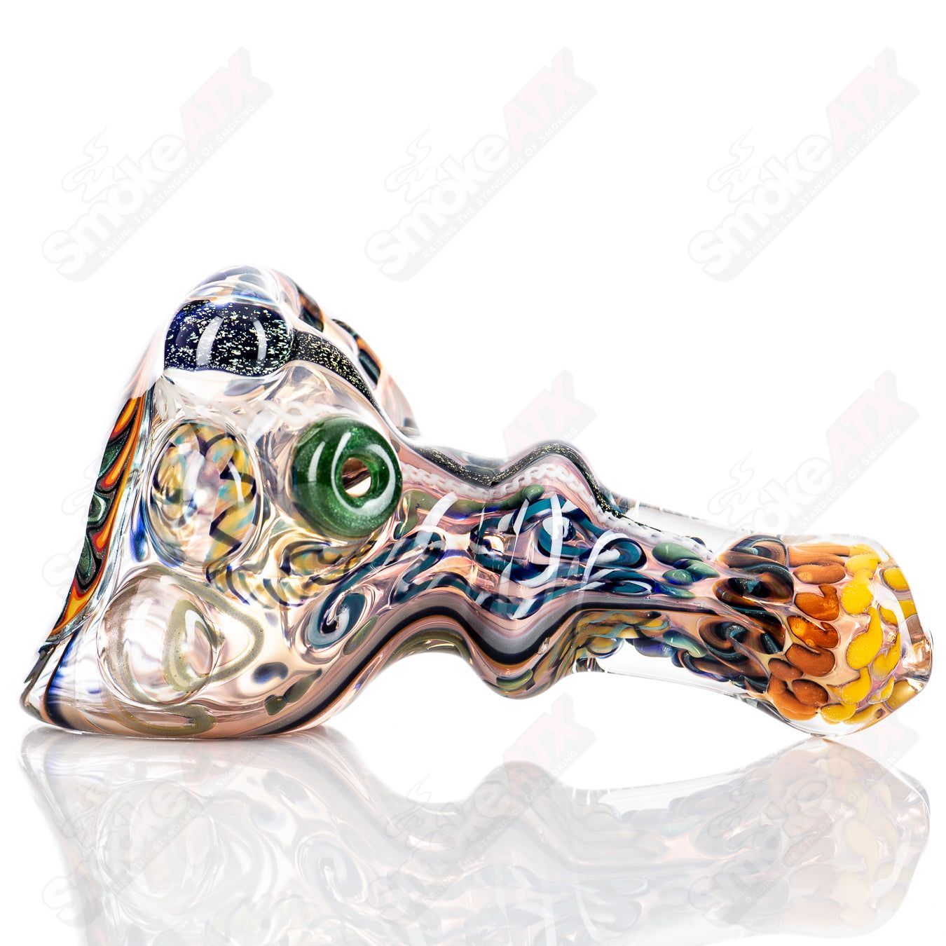 Molten Imagination custom glass Chaos Hammer Spoon with intricate, colorful designs and unique artistic details.