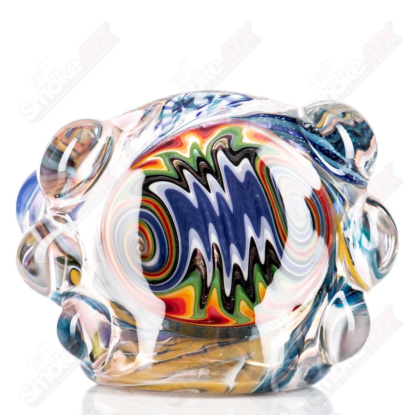 Molten Imagination Custom Glass Creations ISO Chaos Hammer Spoon featuring vibrant, intricate glass design with a hammer shape.