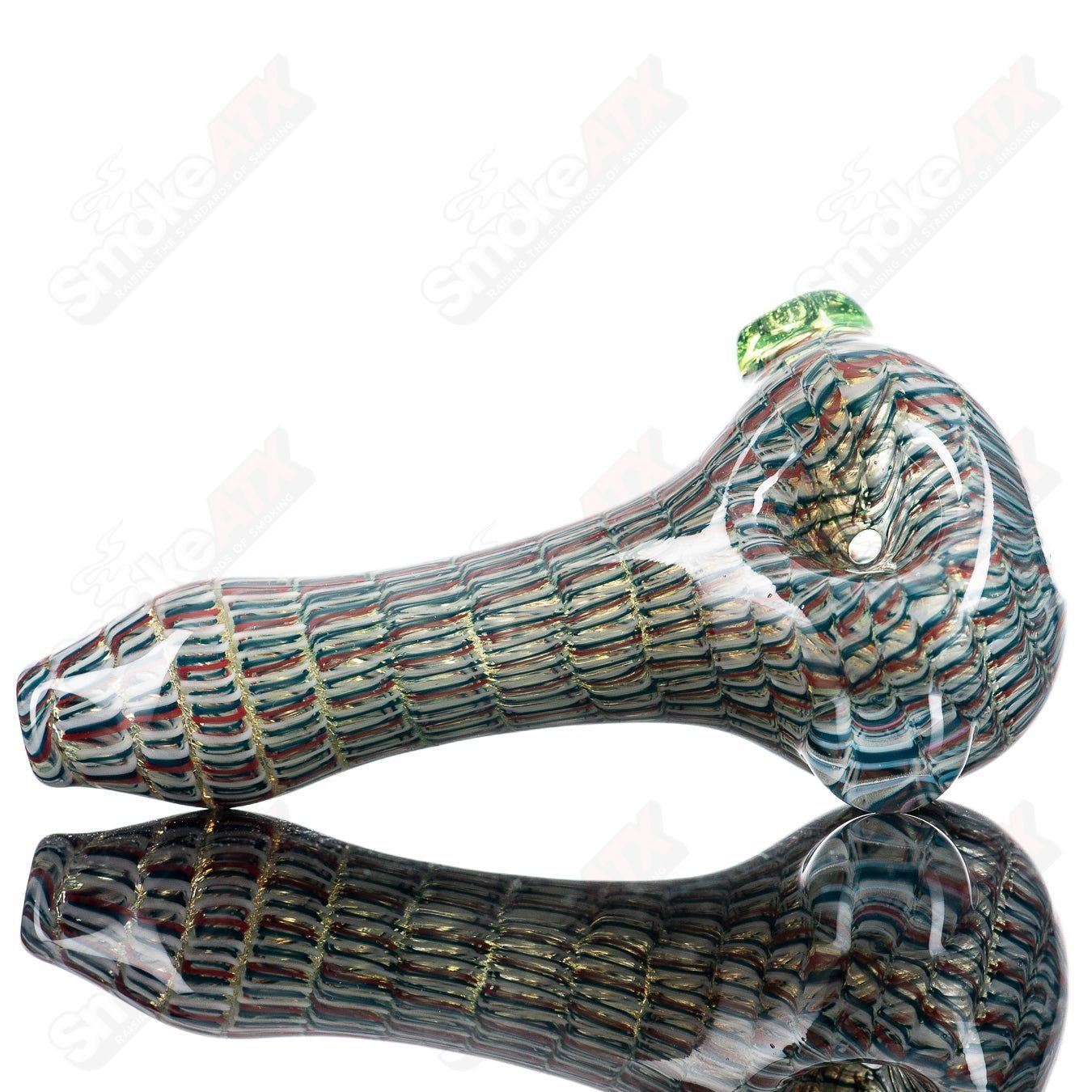JMK Glass #9 Lattice Coil Spoon hand pipe, clear glass with intricate lattice coil design for smoking or display.