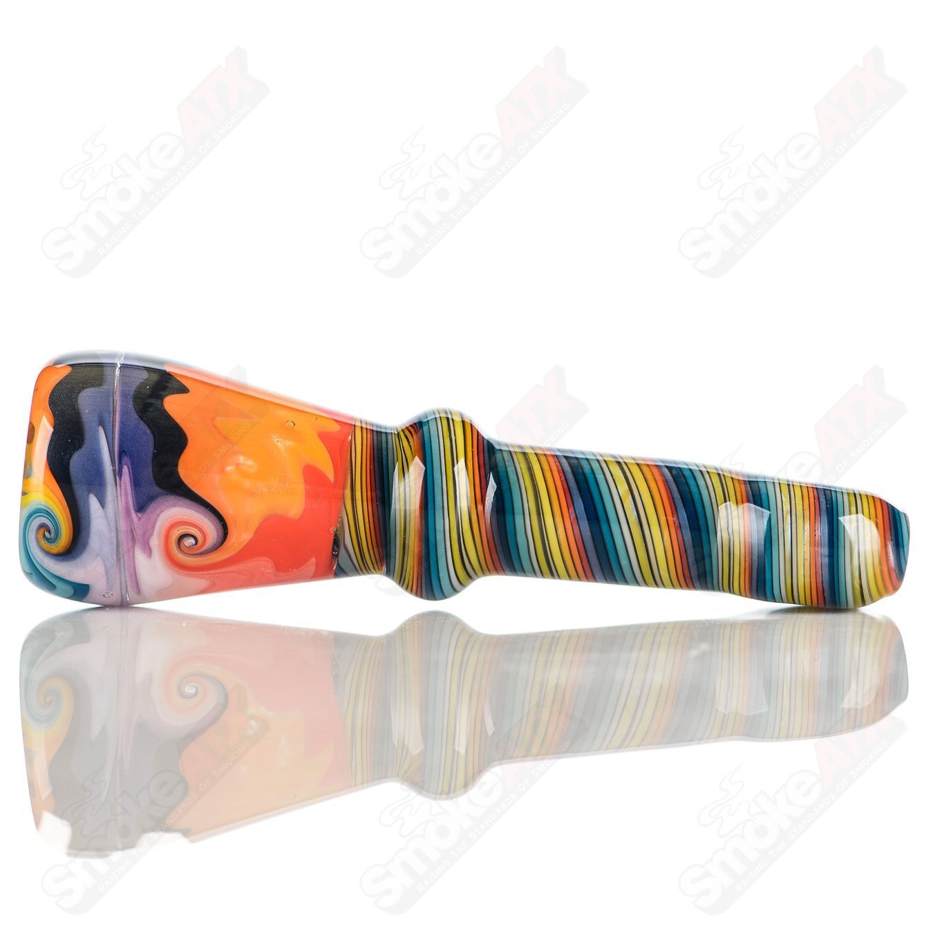 Katy Wright Glass Wig Wag Chillum, colorful heady glass pipe with intricate wig wag design, compact and artistic smoking accessory.