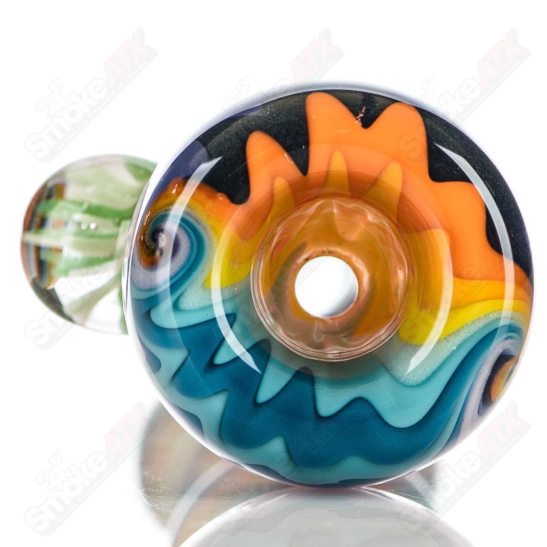 Katy Wright Glass Wig Wag Chillum, heady glass pipe with colorful wig wag design, small handheld chillum for smoking.